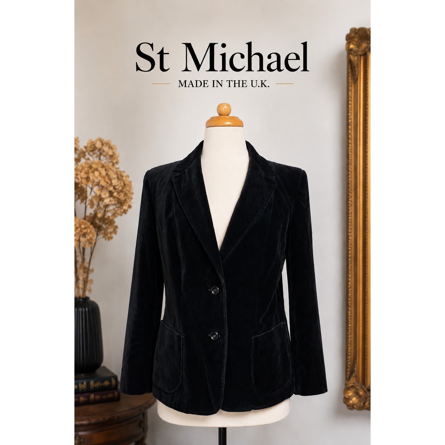 Vintage Black Velvet Blazer UK Made Cotton Modal Jacket Large Classic Tailored