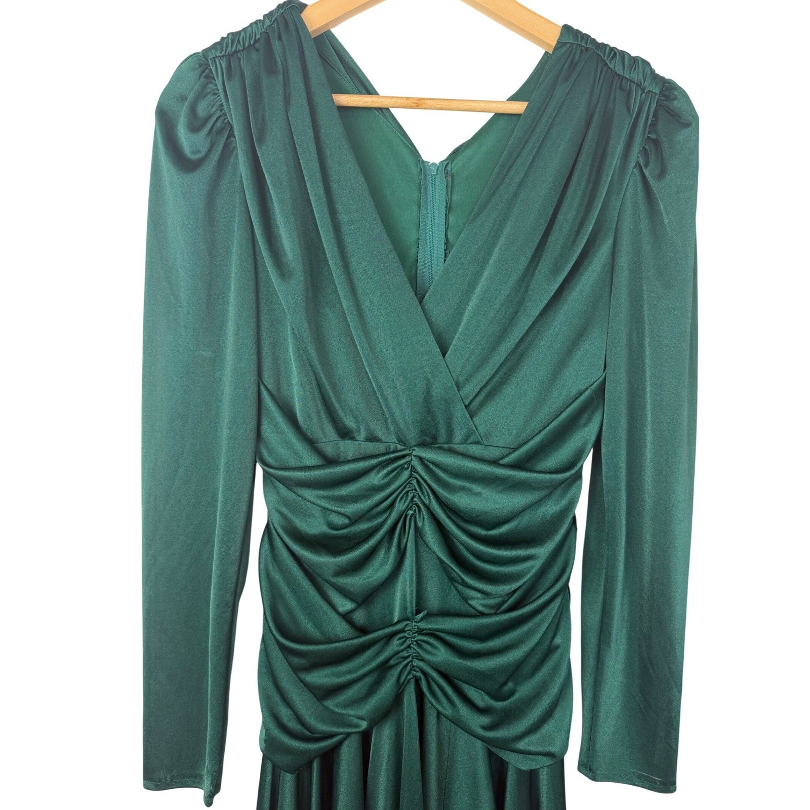 VTG Filigree Ltd Emerald Green Ruched V-Neck Midi Dress 80s Made in USA Size 8