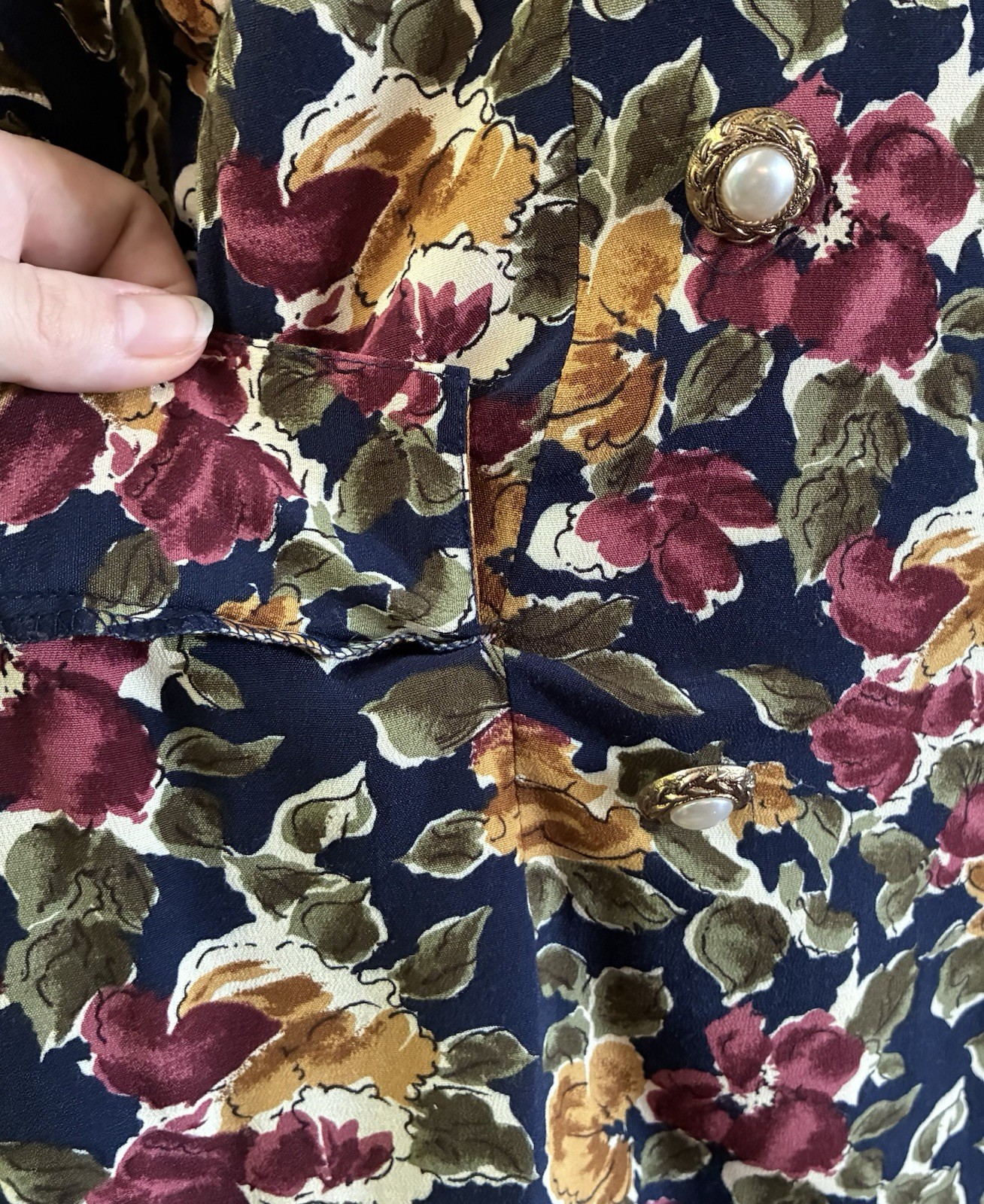 Vintage 90s Wrapper Rayon Navy Floral Double Breasted Jacket Blazer USA Made M