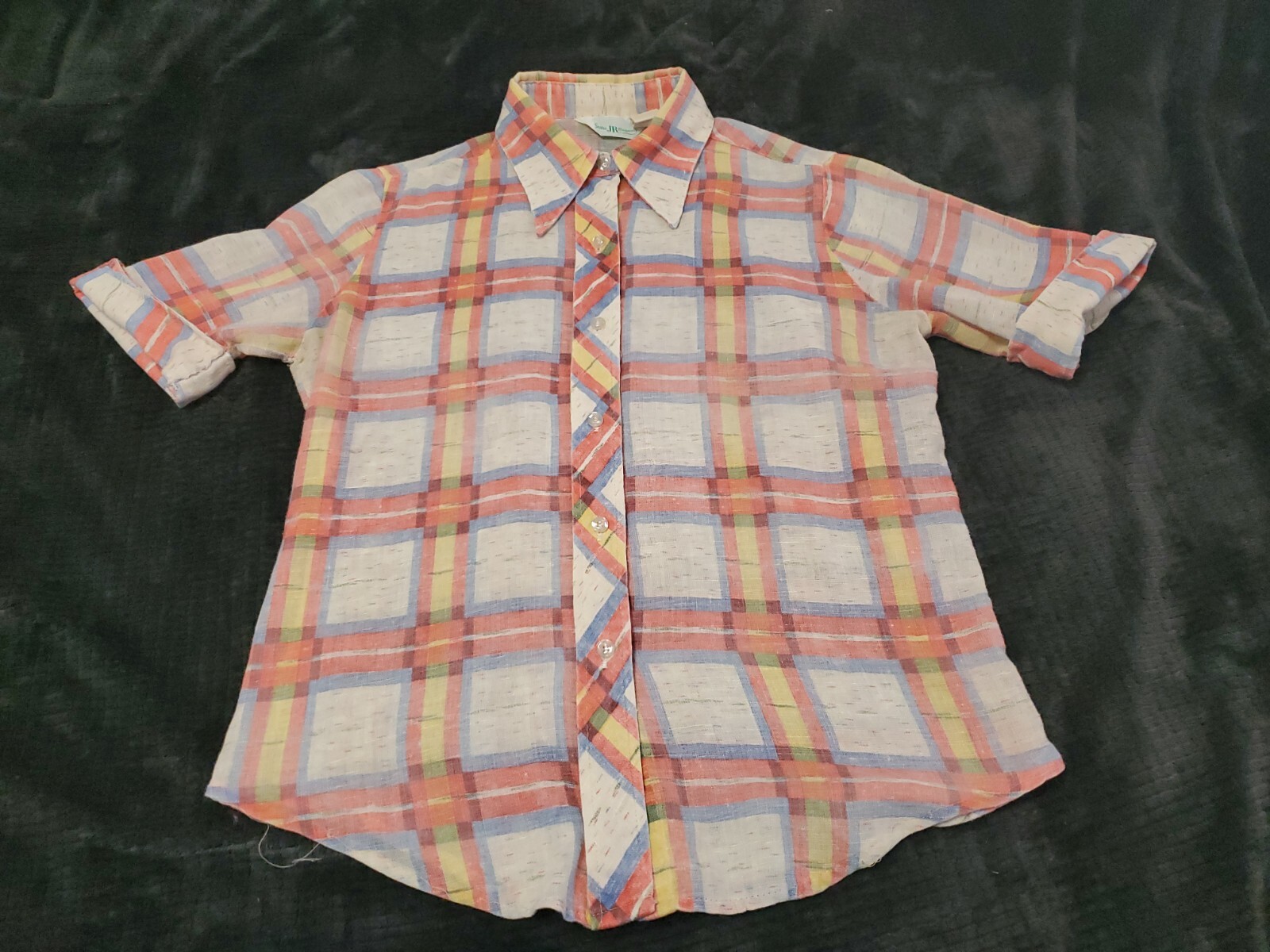 Vintage 70s Sears JR Bazaar Button-Up Cuff Sleeve Check Blouse/Top See Measures