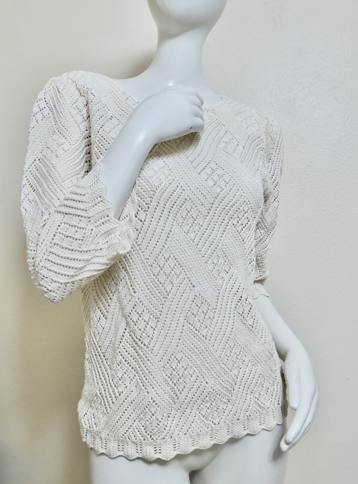 Vintage 70s beige cream cotton crochet Vivanti Sweater M