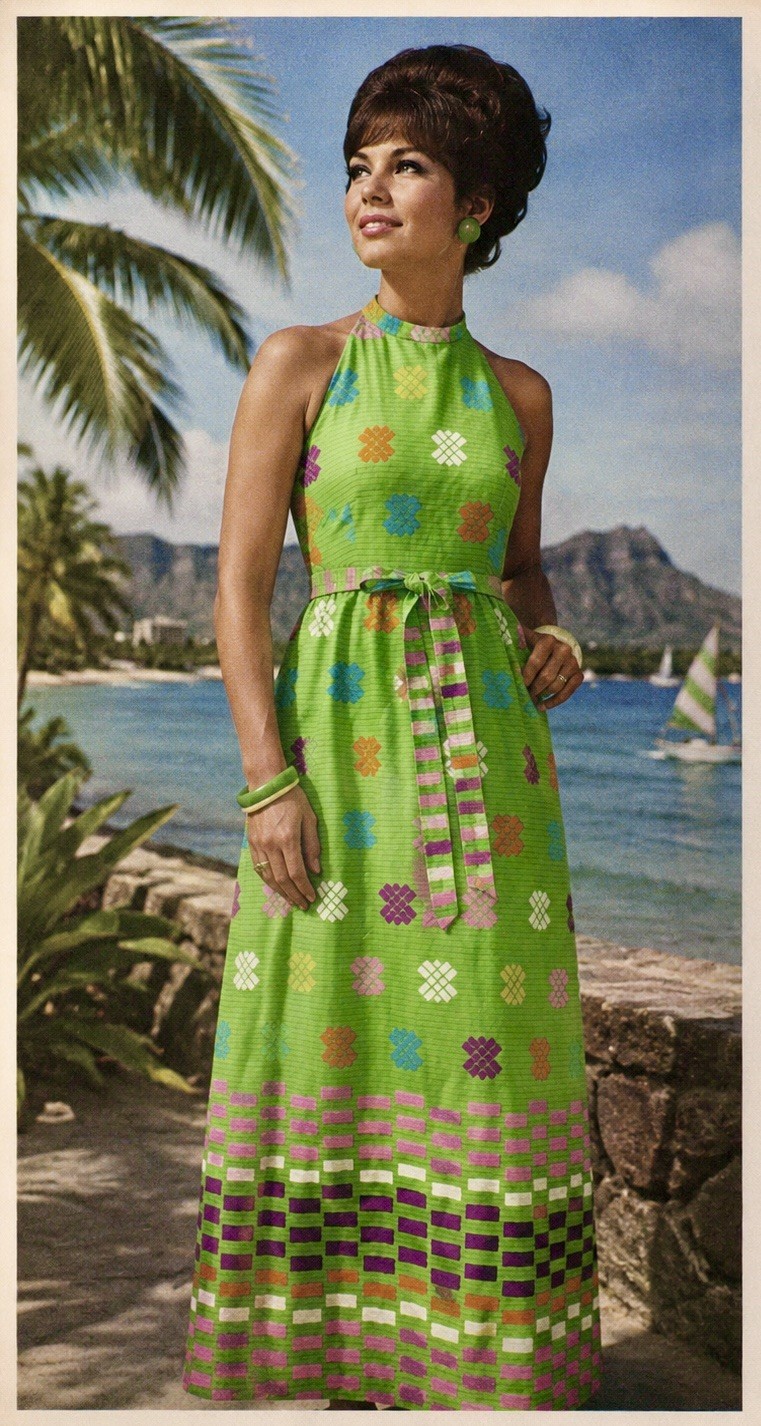Vintage 1960s Malia Honolulu Hawaiian Halter Maxi Dress Cotton FANTASTIC sz 8/10