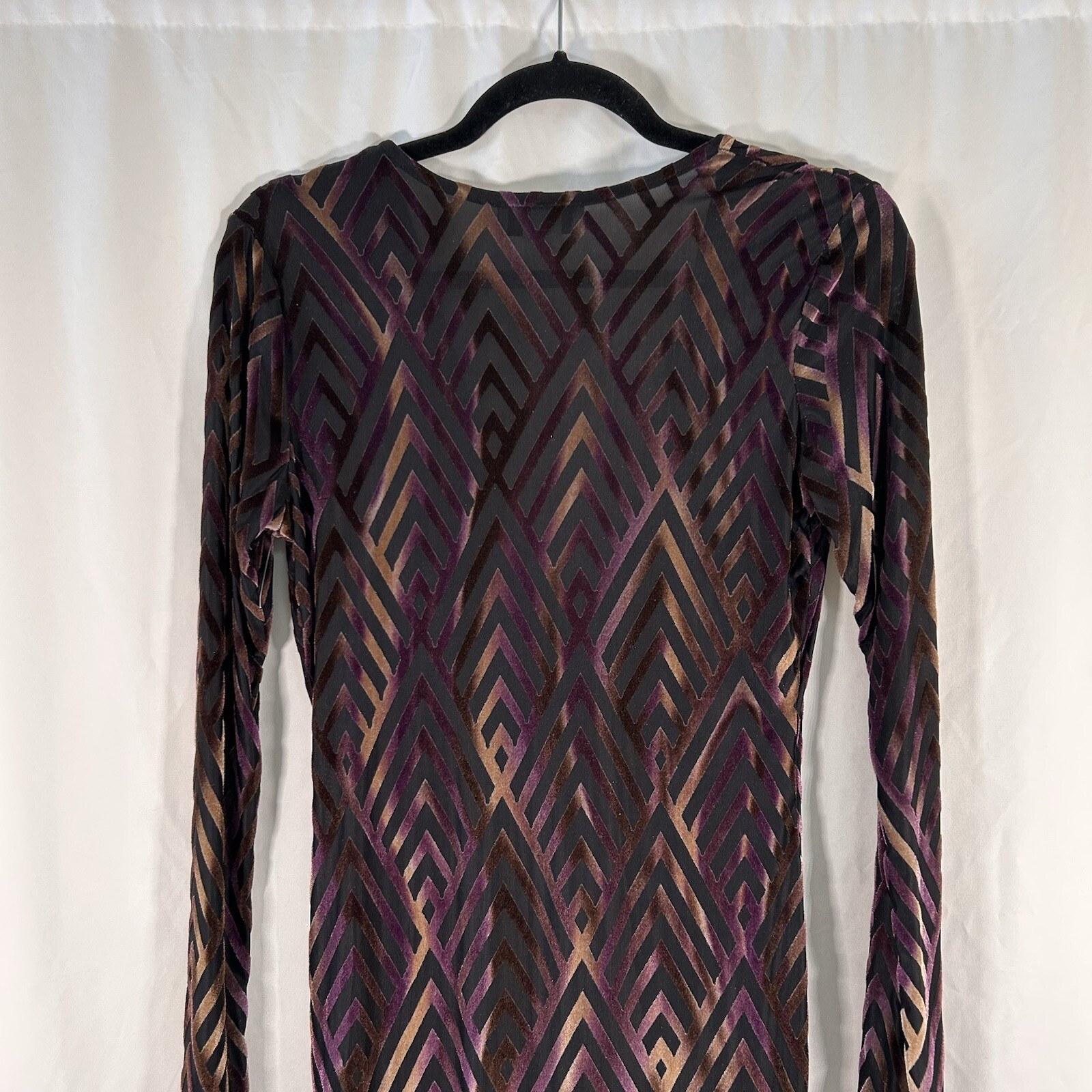 Vintage Magia USA Midi Dress Women’s Large Purple Semi Sheer Vneck Long Sleeve