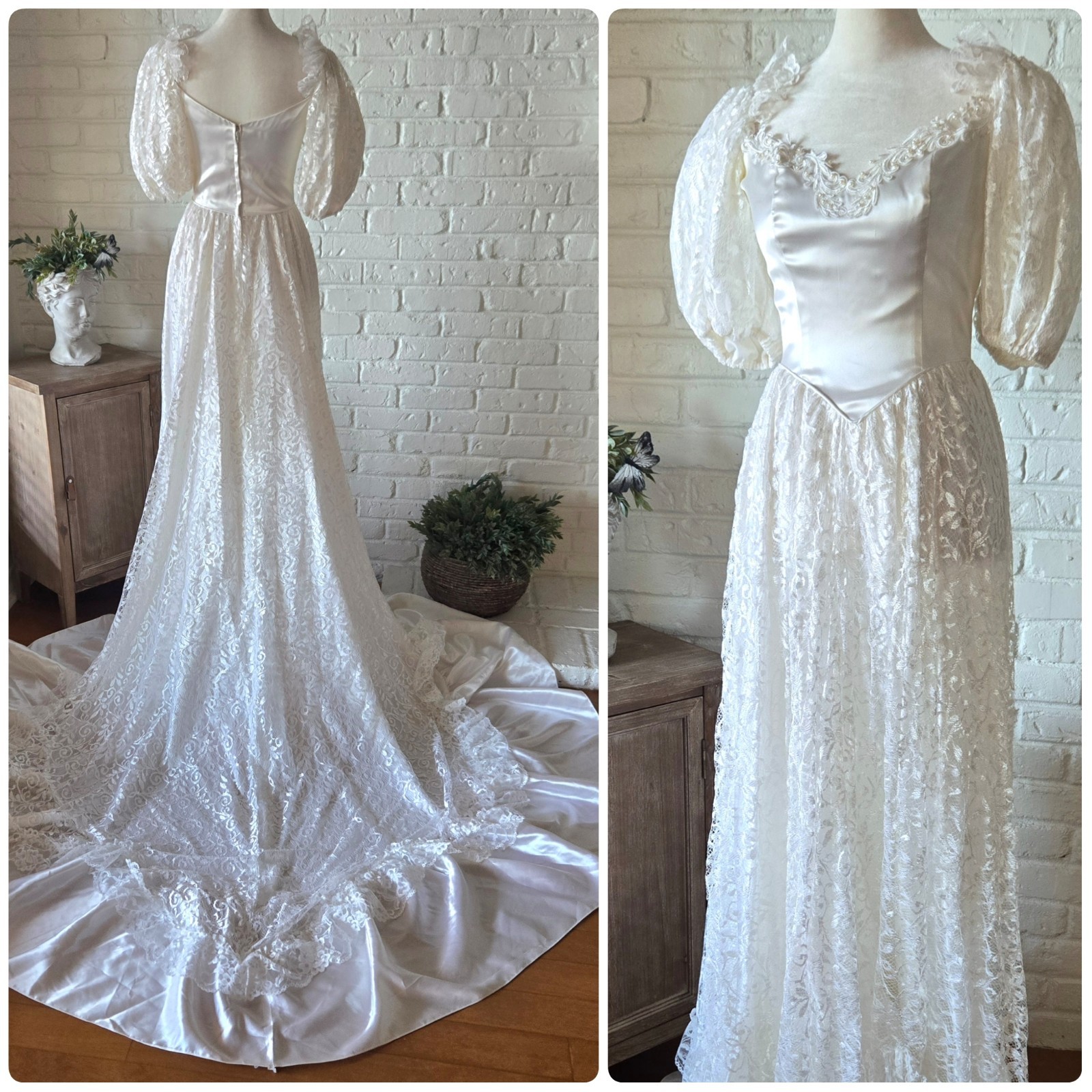 Vtg 80s Romantic Princess Diana Theme Wedding Gown, 4/S, Satin & Lace, Bustle