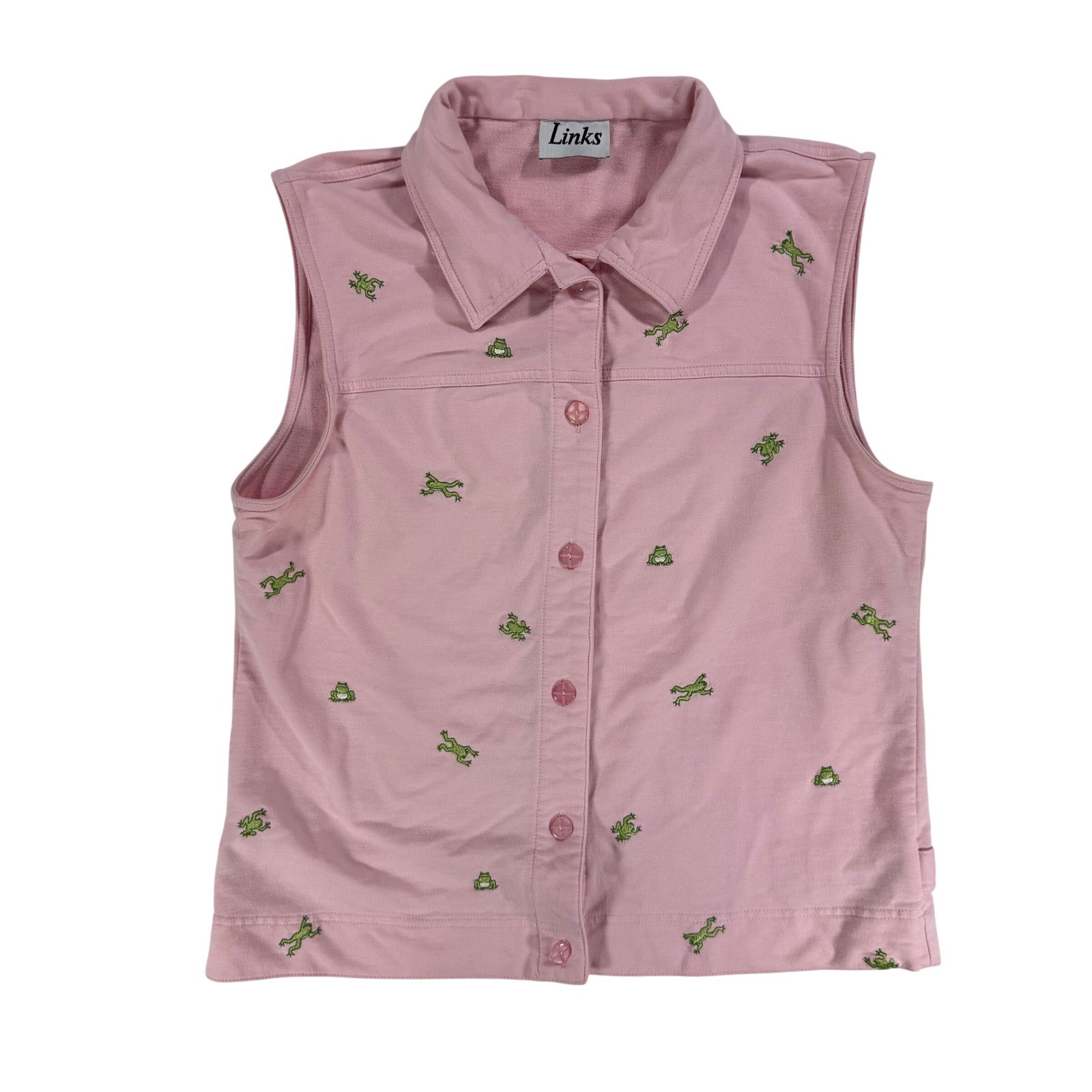 VTG Links Frog Embroidered Vest Womens L Pink Cottagecore Whimsical Sweatshirt L