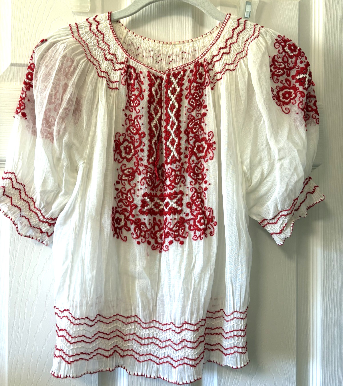 Authentic Antique 1930s 40s Yugoslavian Hand Embroidered Hand Smocked Blouse S-M