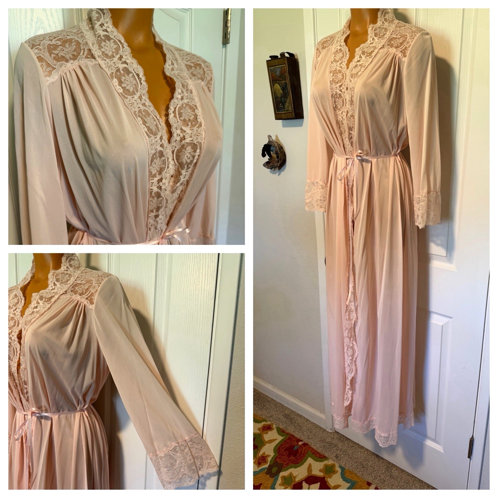 VTG 70’s OLGA LINGERIE #9702 PINK W/ WIDE LACE TRIM LONG ROBE ROBE SZ M