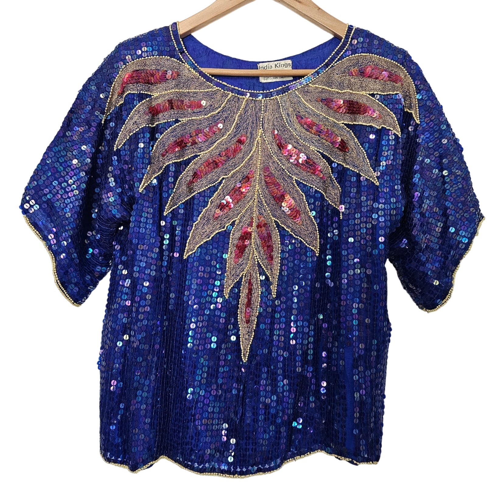 Vintage India Kings Blouse Womens Medium Blue Silk 80s Bright Sequins Beaded