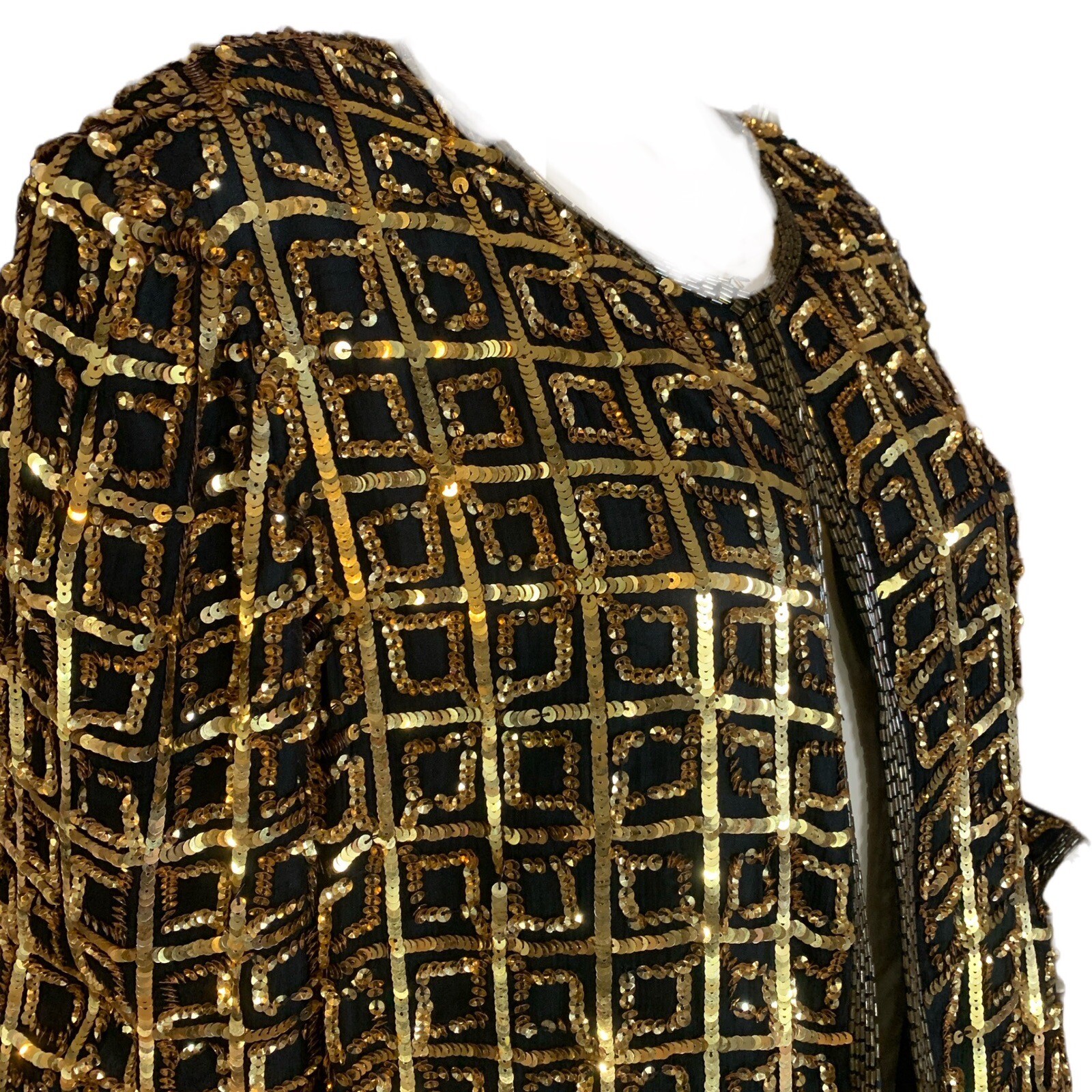 VINTAGE 1980’S CARINA BLACK & GOLD SEQUINS SILK JACKET SIZE XL