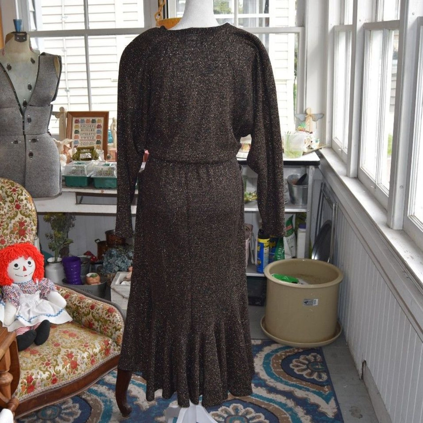 Vintage Choon California Metallic Lurex Disco Dress 70s 80s Black Bronze M/L