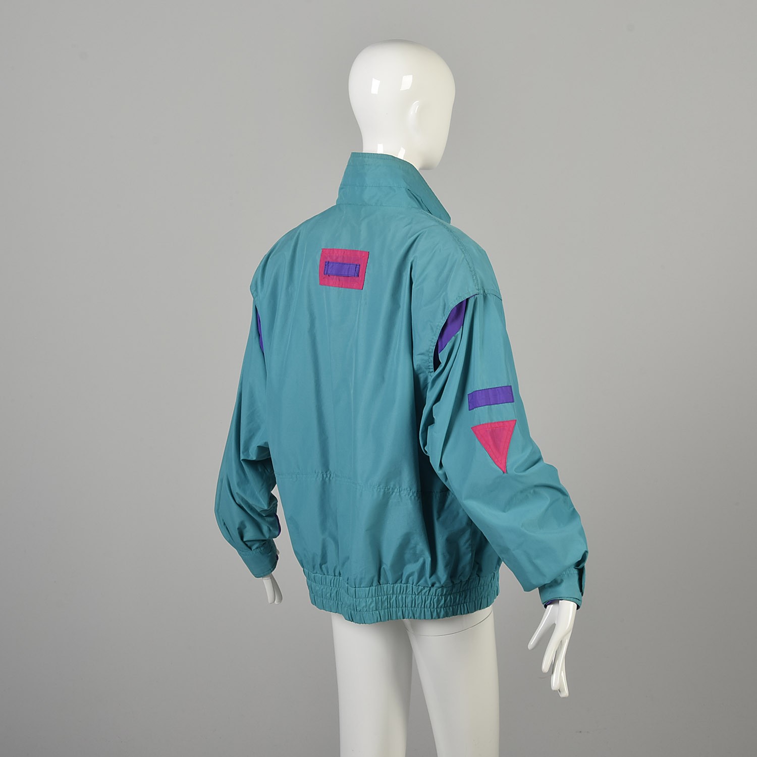 Medium 1980s Teal Windbreaker with Hot Pink and Purple Zippered Snap Closure