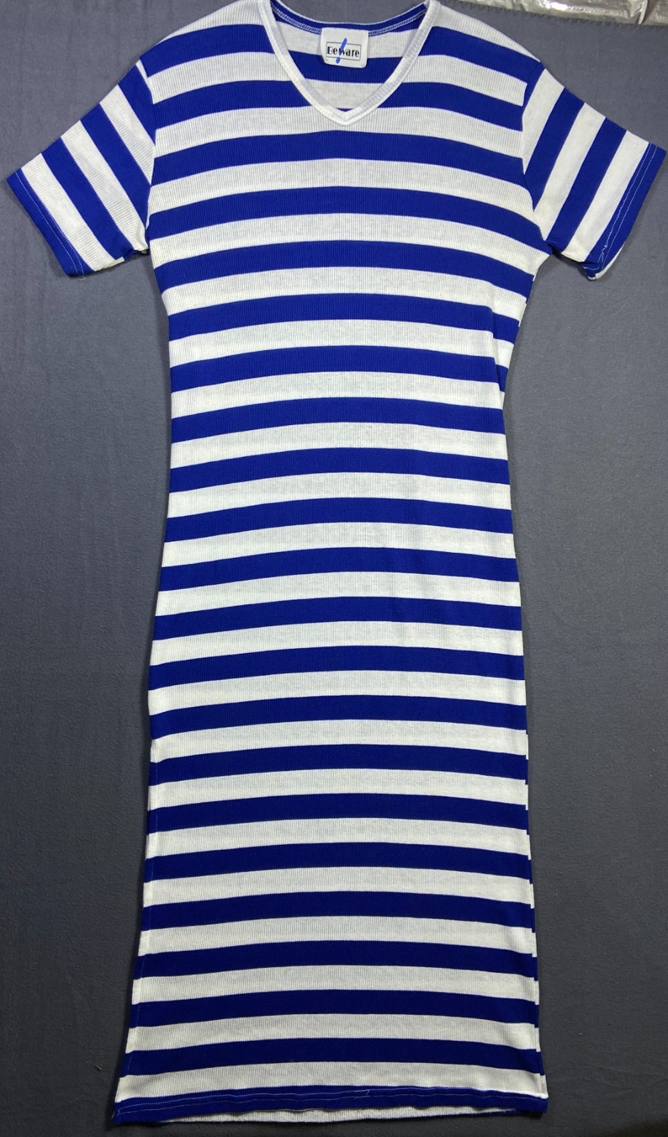 Vintage 90s Blue White Striped Beware Midi Dress Long Tall XLT 23×52 Nautical