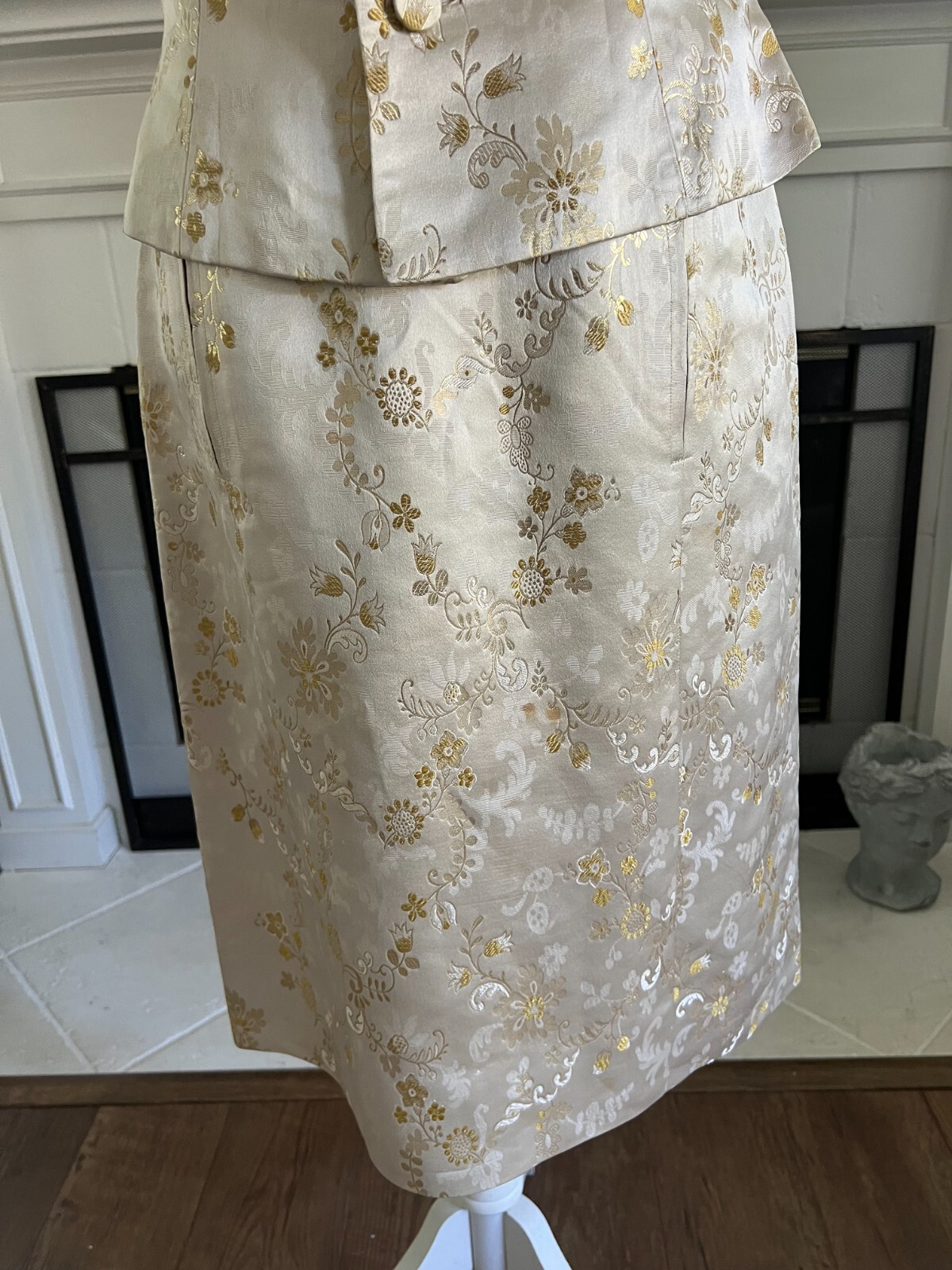 VTG Gold Metallic 2 Piece Satin Floral Brocade 60’s Evening Skirt and Top Sz M