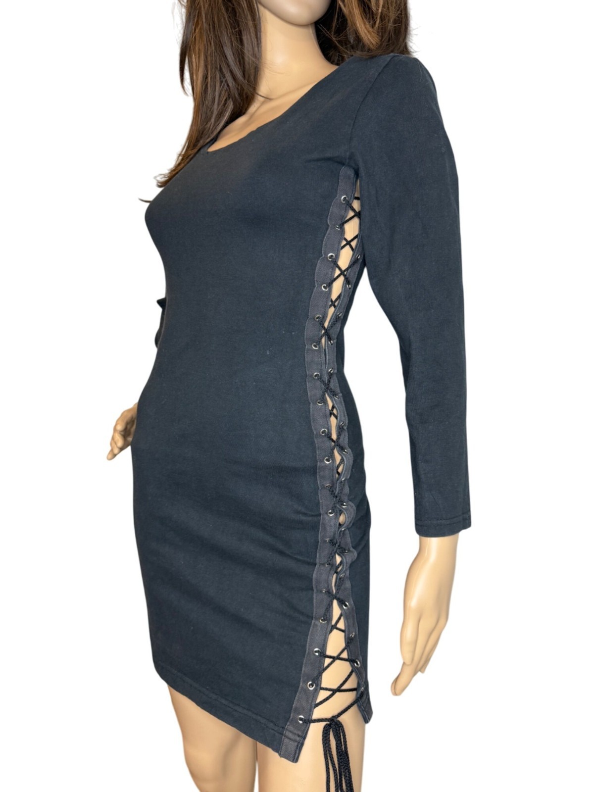 Vintage 90s Black Long Sleeve Lace-Up Sides Bodycon Dress Medium USA