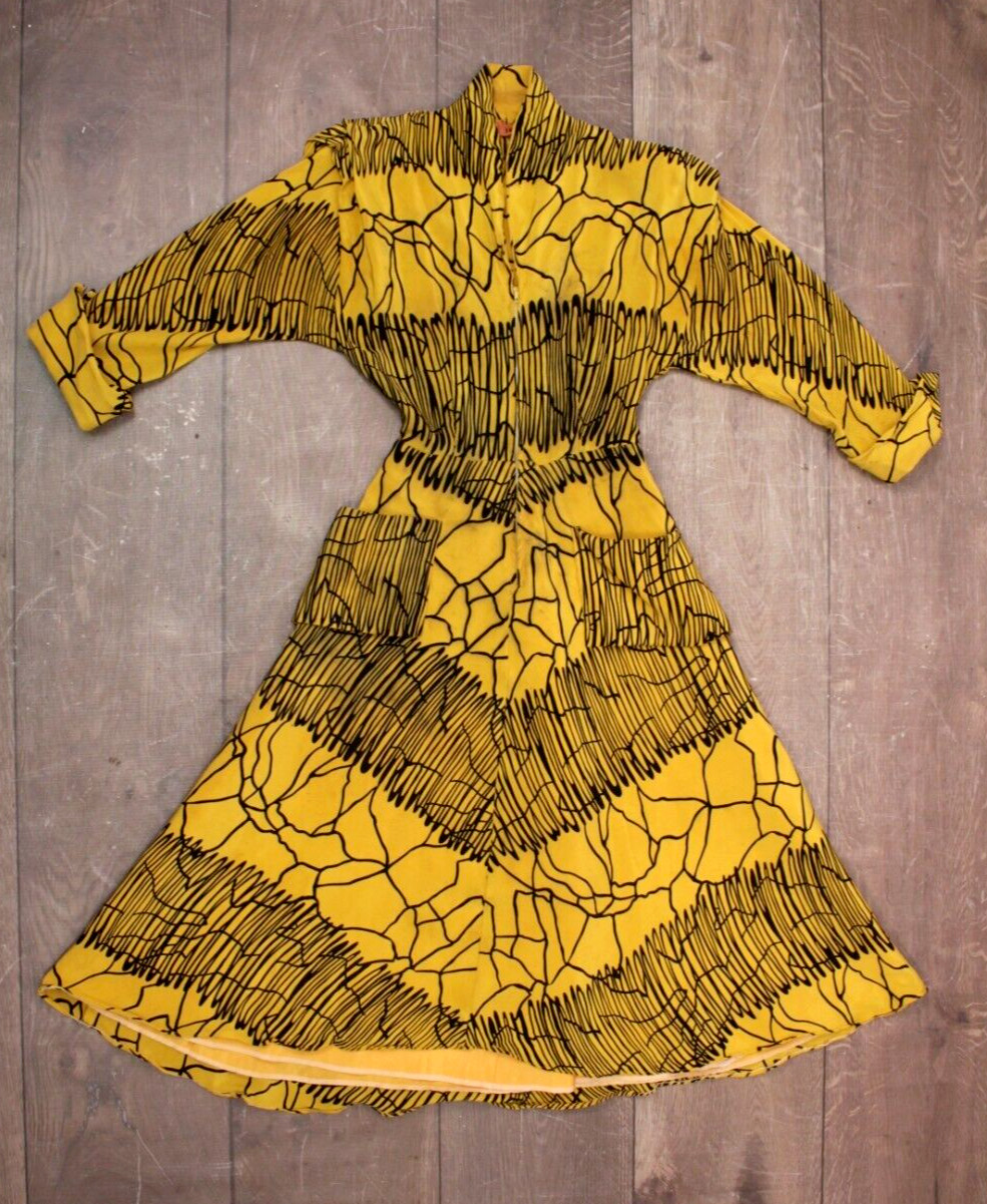 VTG Women’s 40s Yellow & Black Silk Zip Up Silk Dress Sz XS 1940s Claudia Young