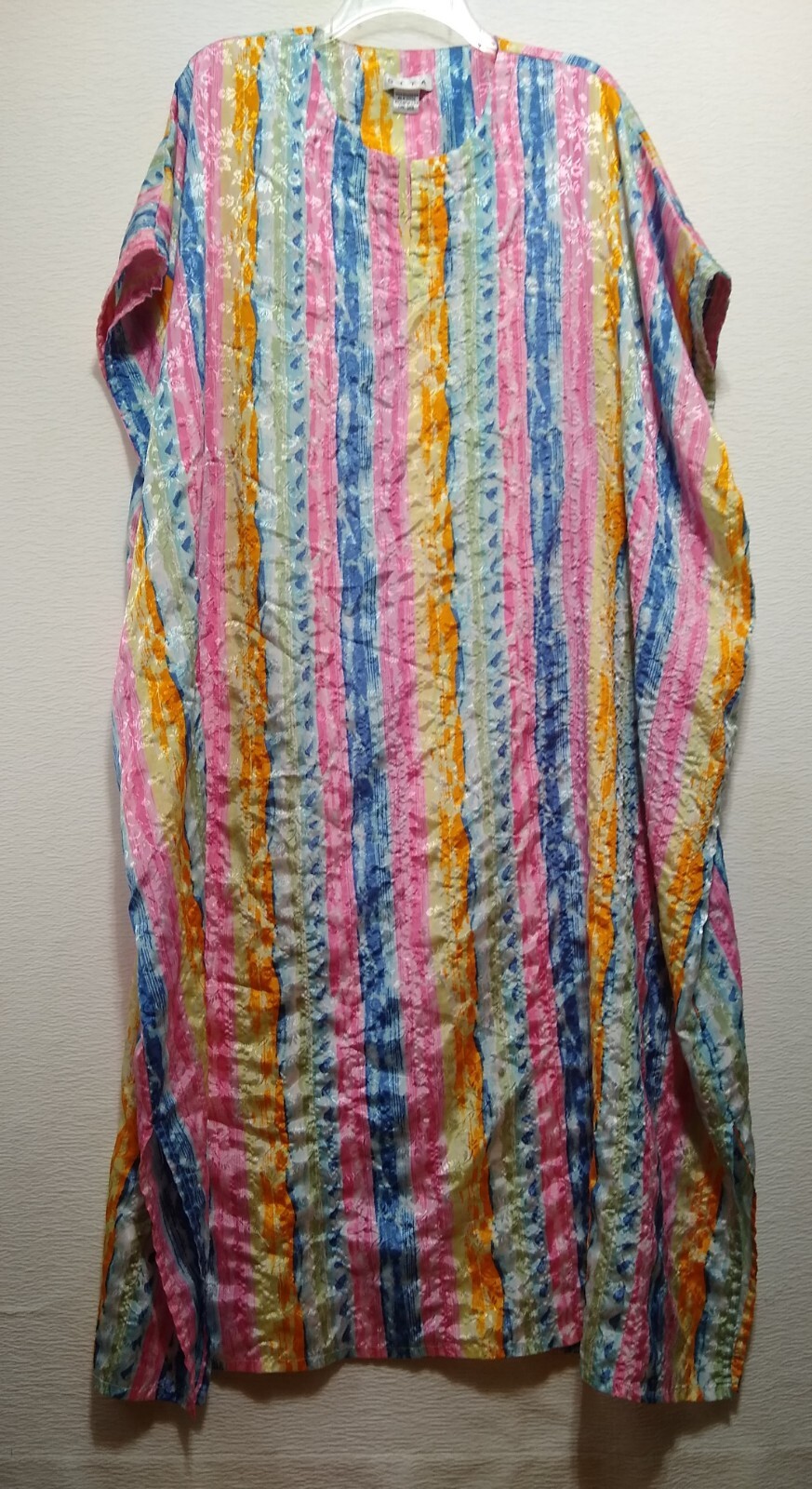 SITA ~ Floral Rainbow Striped V-Neck Kaftan Dress Moo Moo – One Size – Vtg 70’s