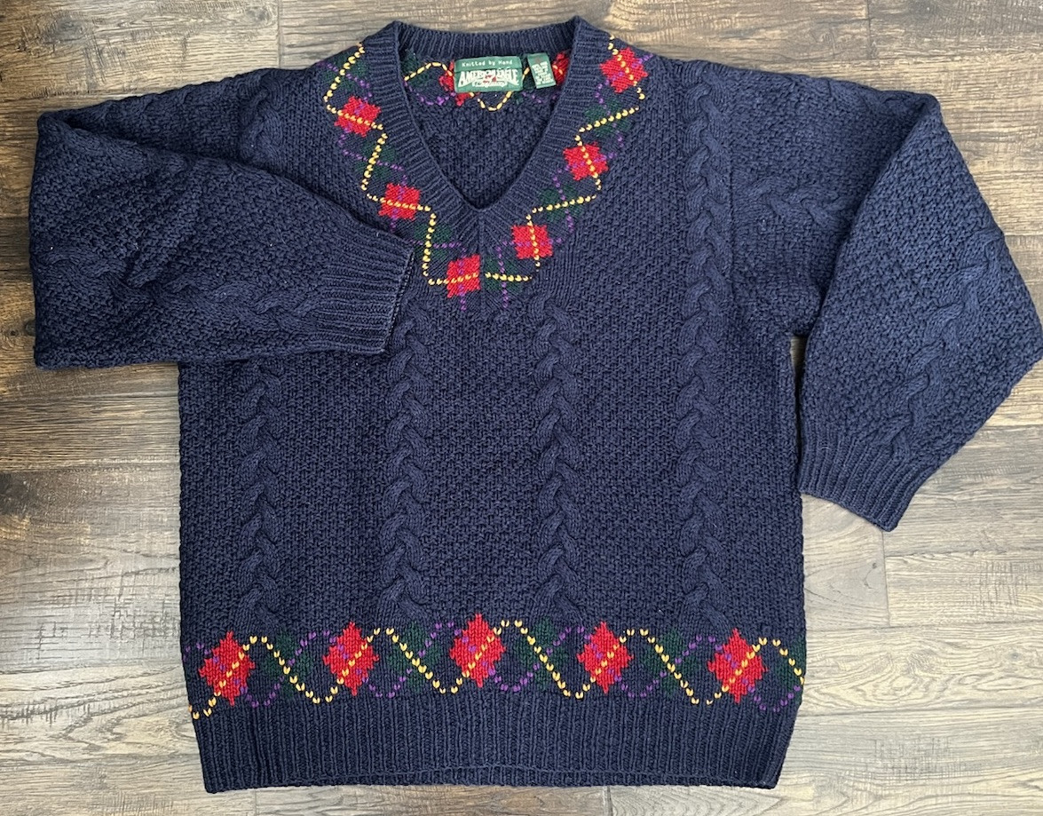 VTG American Eagle L Hand Knit Sweater 100% Shetland Wool Y2K 90s Grandma Core