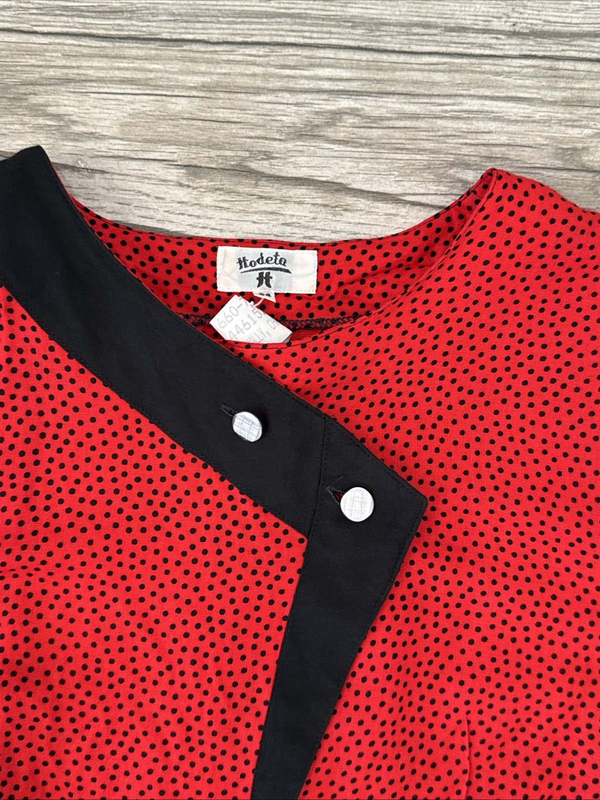 Vintage Hodeta Asymetric Button Down Short Sleeve Top Red Polka Dots Size 48