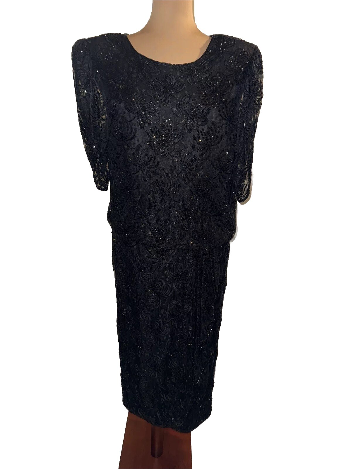 Vintage O. R. Silk Fashion LTD Black Sequin Long Sleeve Dress Size XL