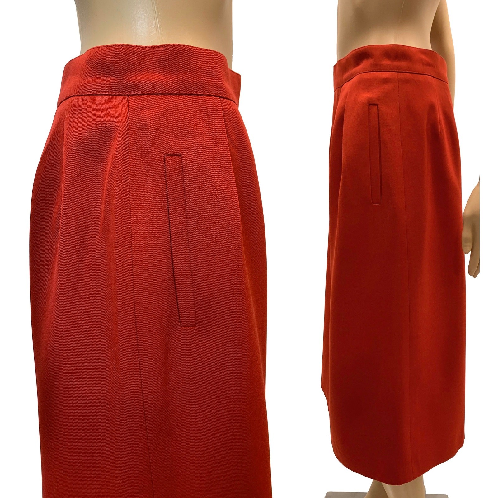 Vintage Ted Lapidus Brick Red Wool Midi Skirt France Straight Lined W 29.5″