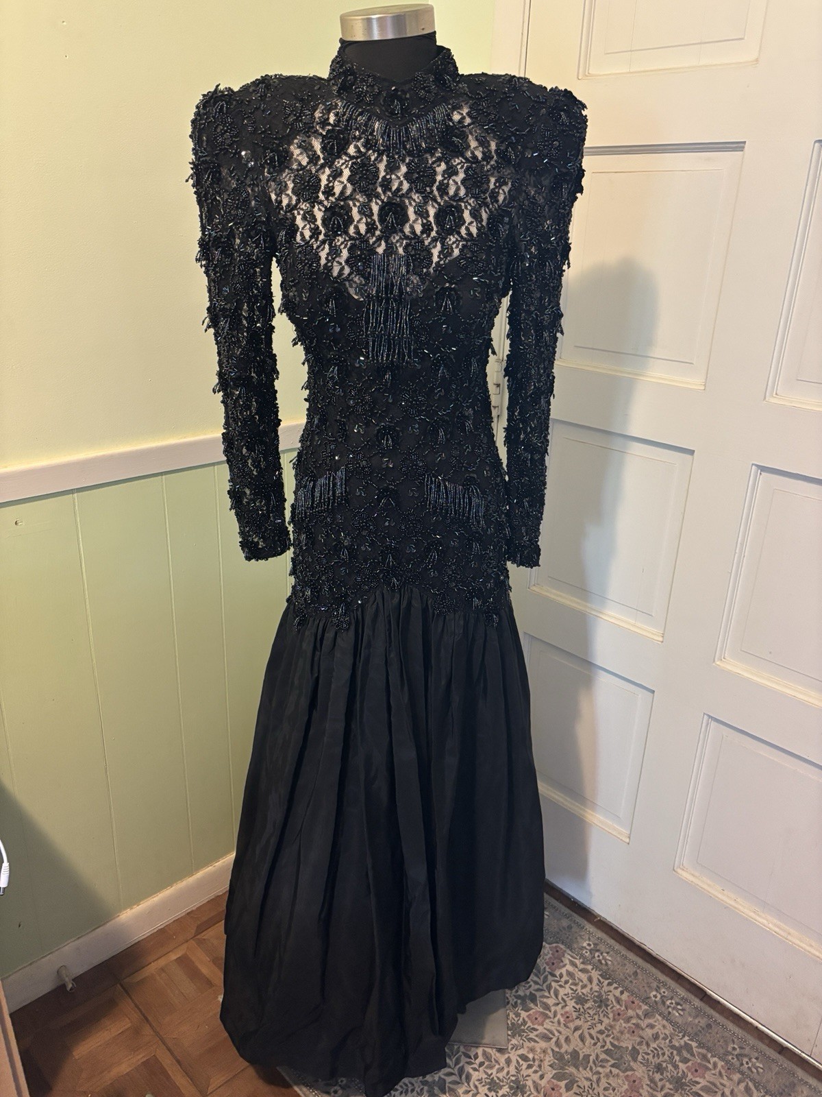 Vintage Oleg Cassini Black Tie Beaded Illusion Gown W/Trumpet Skirt. Size 6 EUC