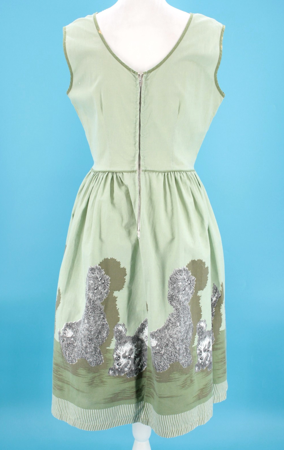 VTG Women’s 50s Sage Green Novelty Puppy Print Cotton Sun Dress S/M 1950s Dog