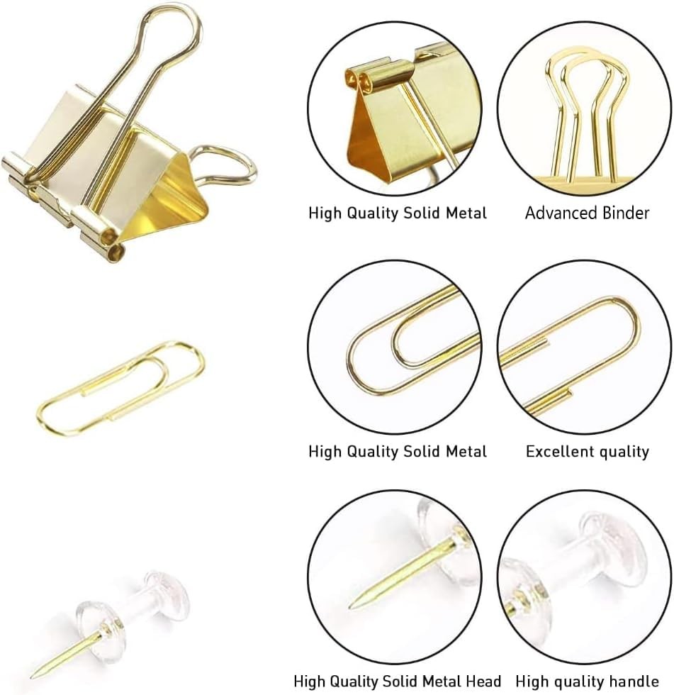 10 Pack Gold Paper Clips Binder Clips Set Metal Assorted Sizes Push Pins
