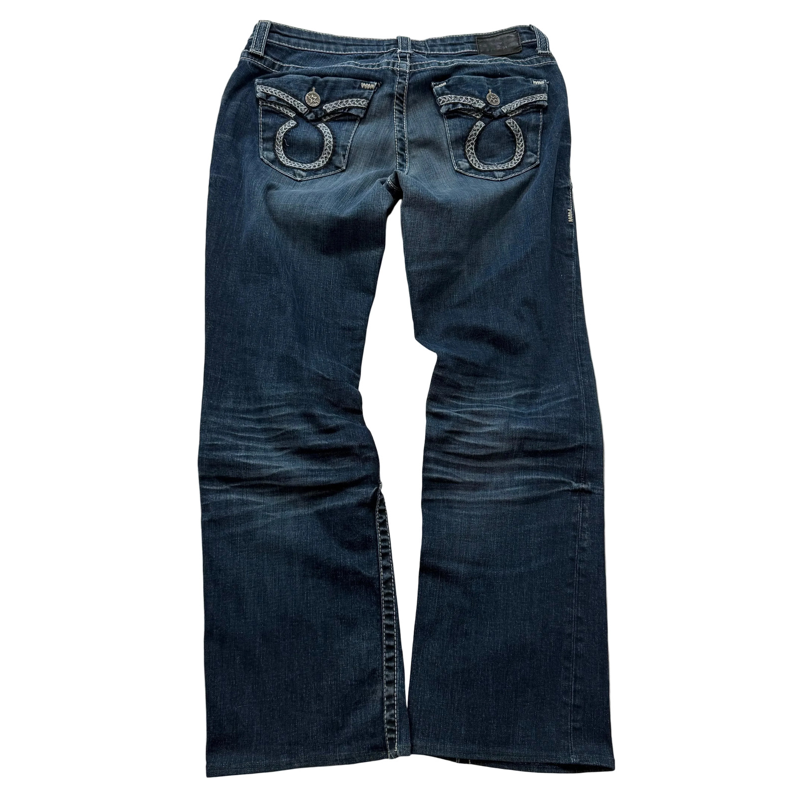 Big Star Women’s Blue Denim Bootcut Jeans Horseshoe Flap Snap Pocket Y2K Size XL