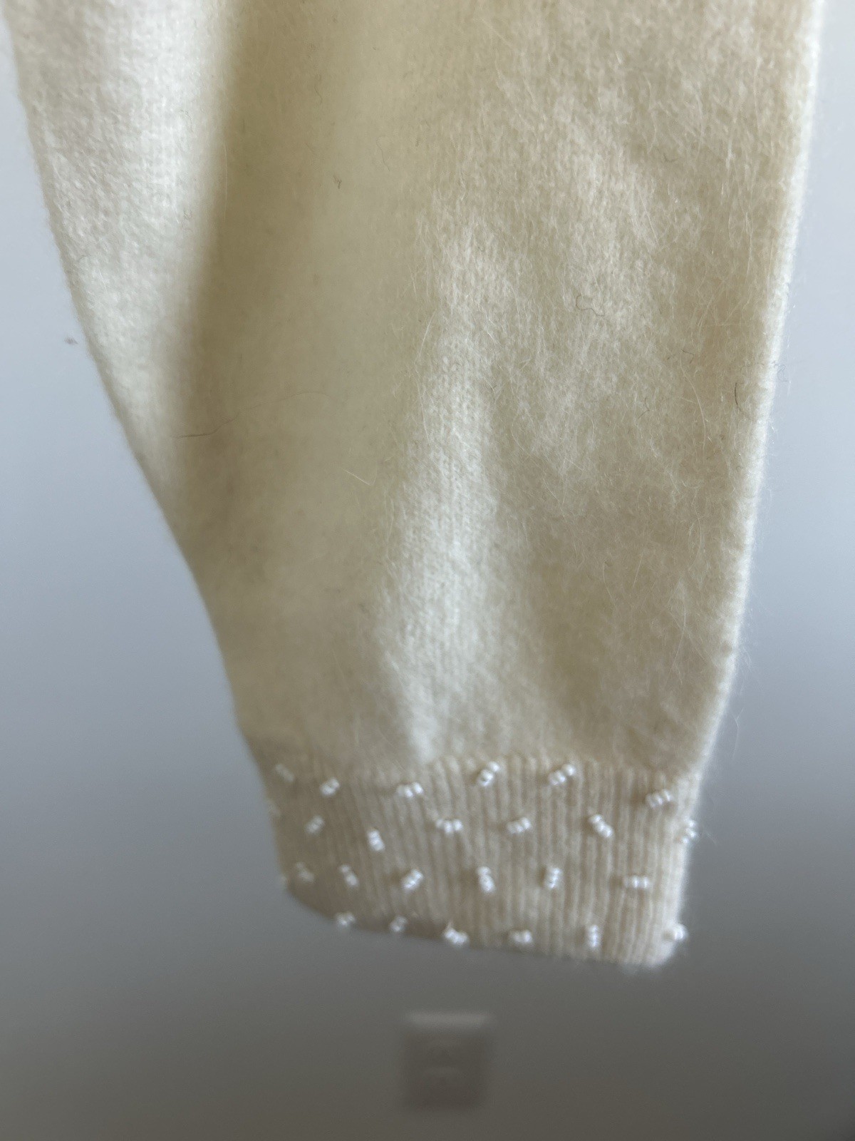Vintage 1950’s Beaded Angora Cardigan Ivory Pearl Button Hand Embroidered