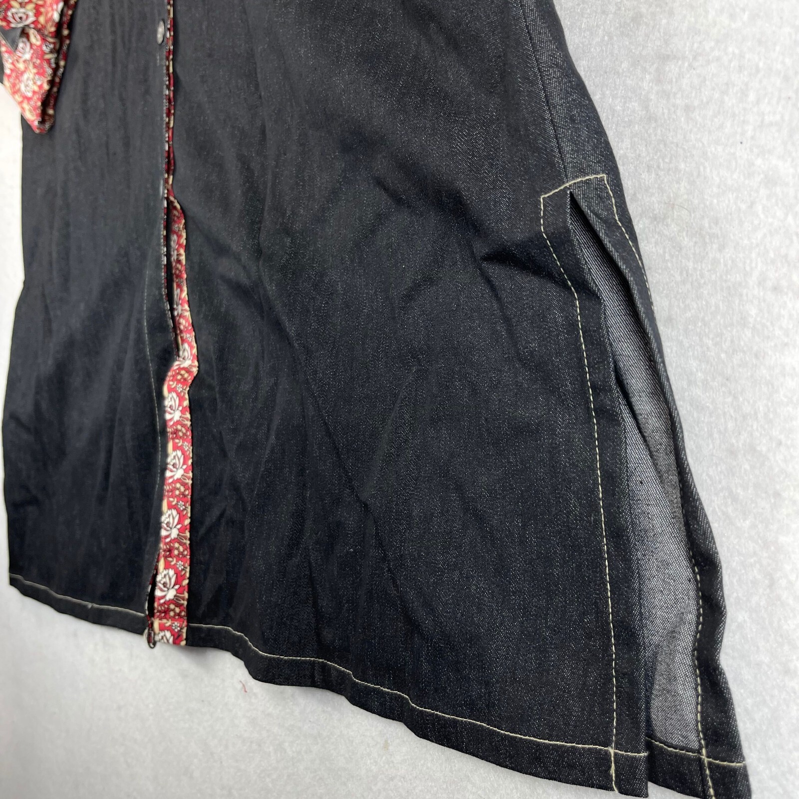 Vintage Dress L Womens Western Floral Stretch Denim Black Slit Cotton Blend