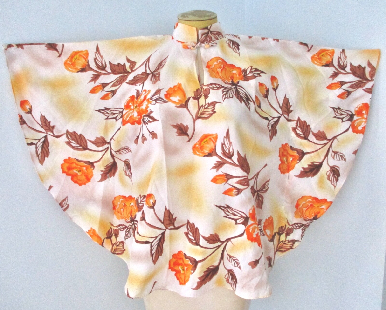 Vtg 60s 70s Hawaiian Palm Silky Poncho Cape Blouse Batwing Top Asian-Inspired M