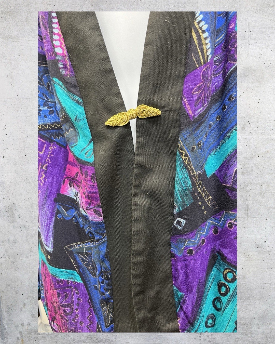 Vintage 90s Maggie Sweet Abstract Jacket Open Front Black Trim Artsy Topper