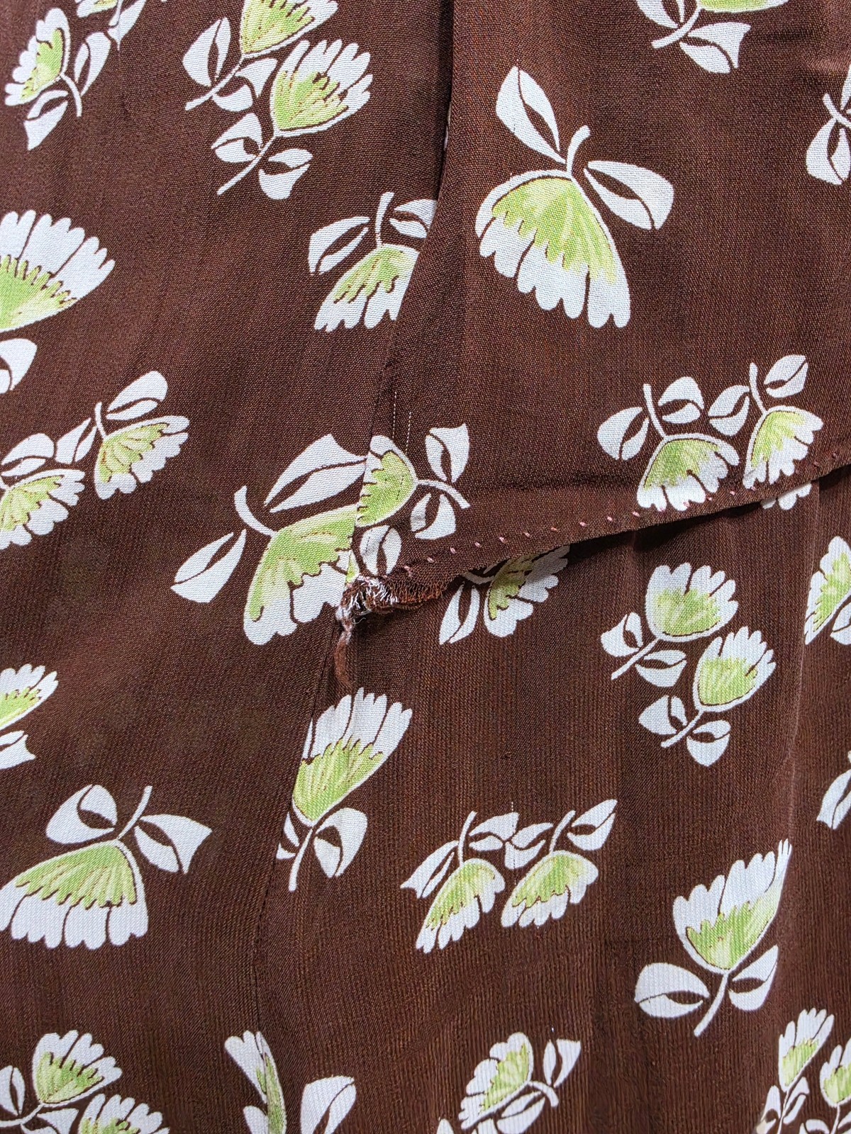 Vintage 1930s 1940s Brown Peplum Dress Flower Print Tulip Novelty (34″ waist)