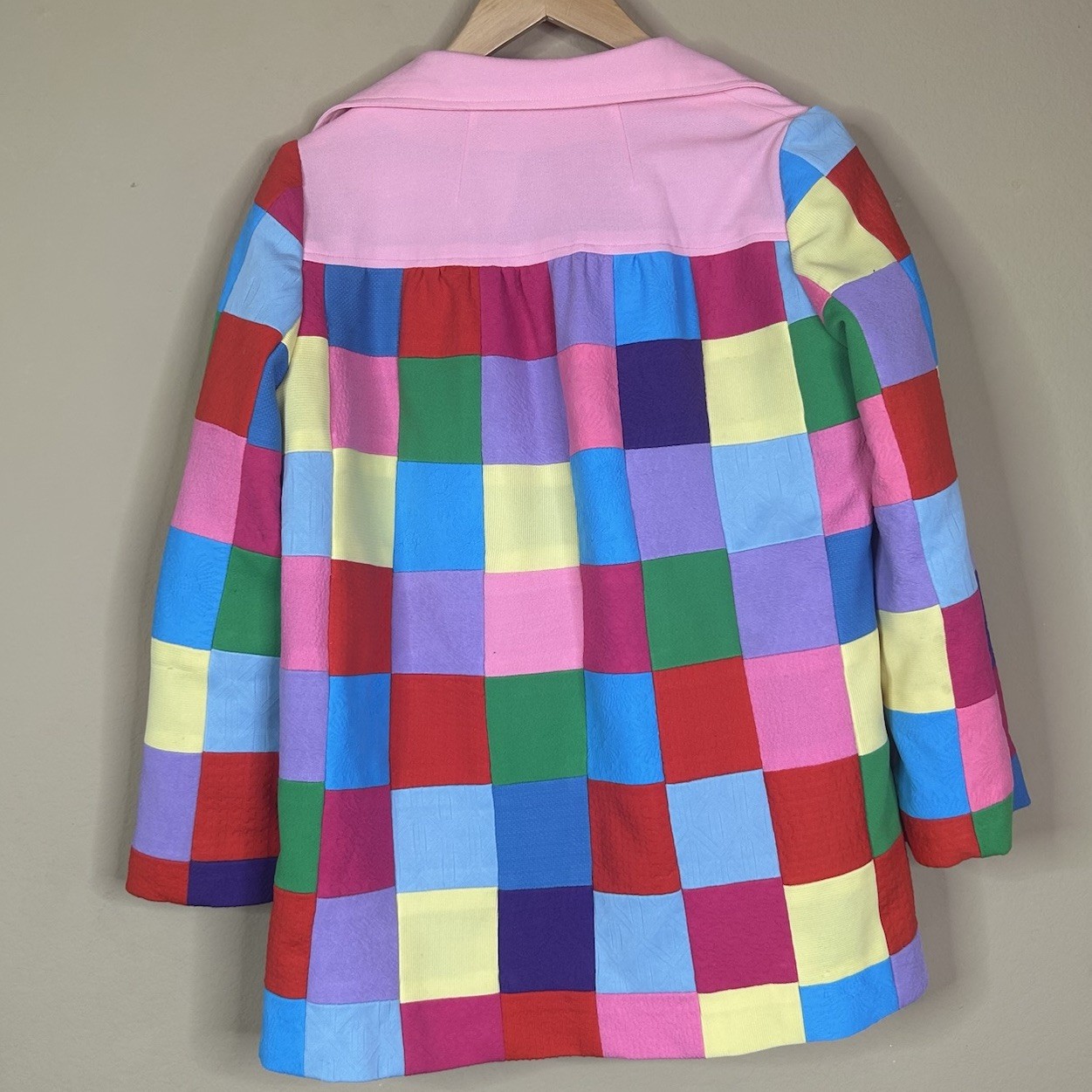 VTG 60s 70s Handmade Women’s Rainbow Polyester Patchwork Open Front Blazer Small