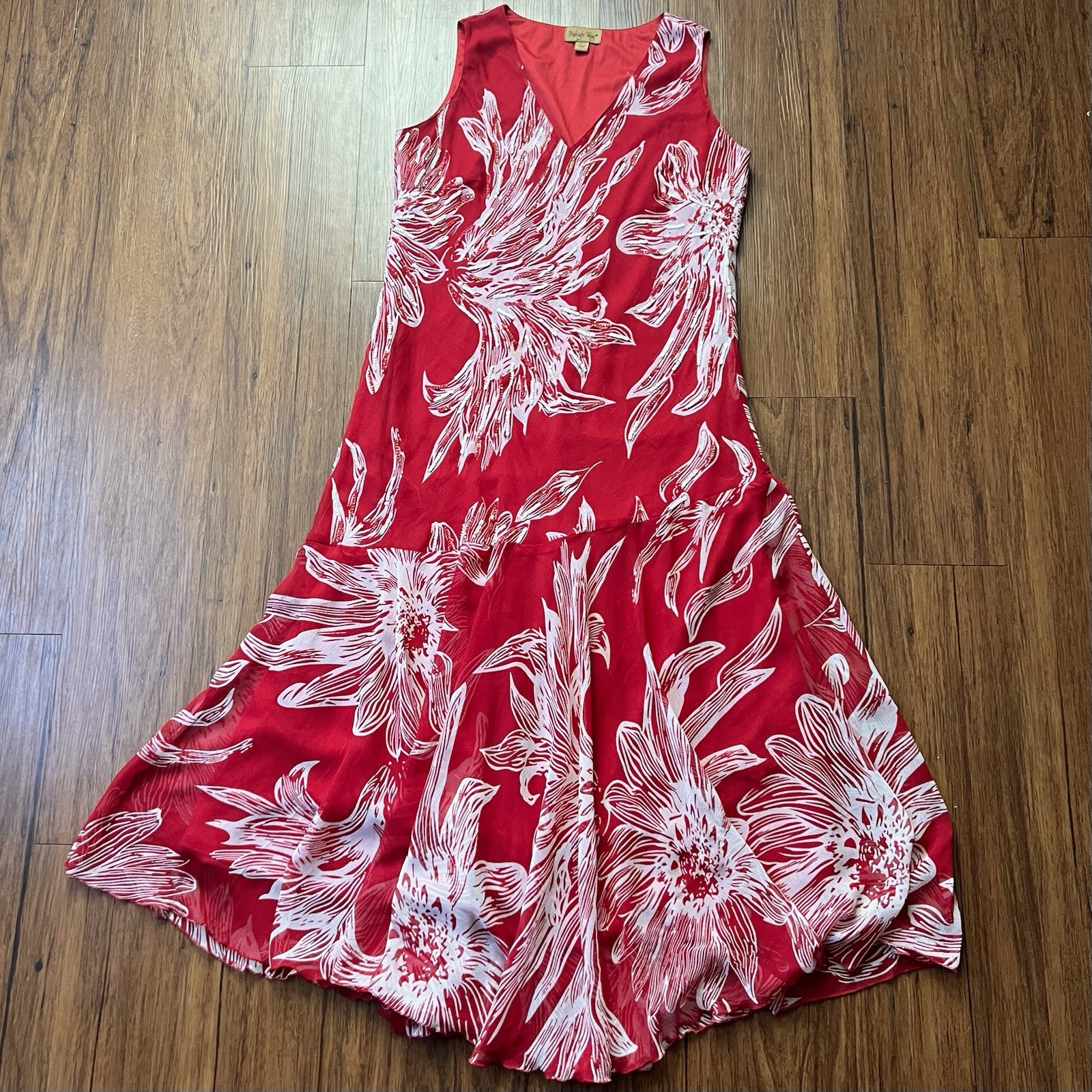 Vintage 90’s Midnight Velvet Maxi Dress Large Tropical Red Chiffon Sequin Bias