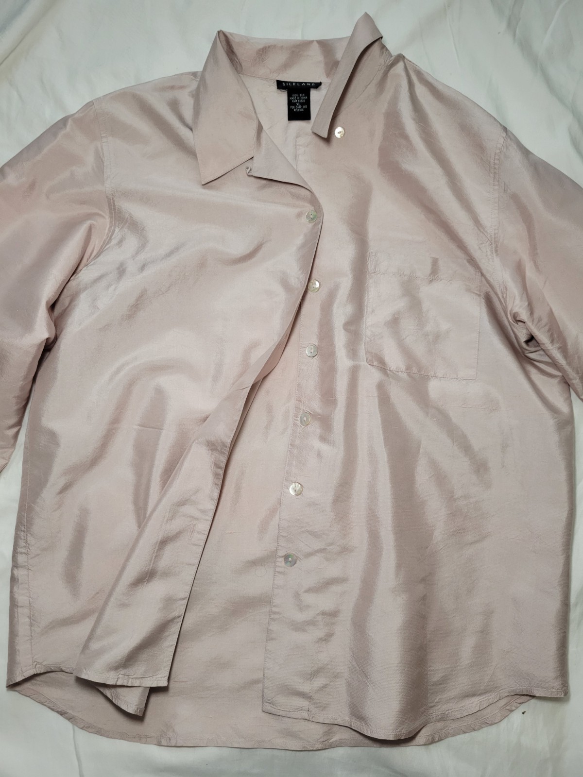 VTG Silkland XL Women’s Blouse 100% Silk Lt. Pink Long Sleeve Button Old Money