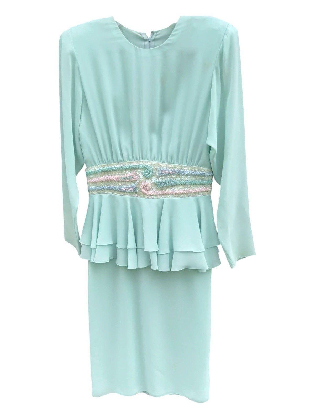 Vintage Mint/Seafoam Formal Chiffon Embroidery Beaded Dress Size 10 no Tags