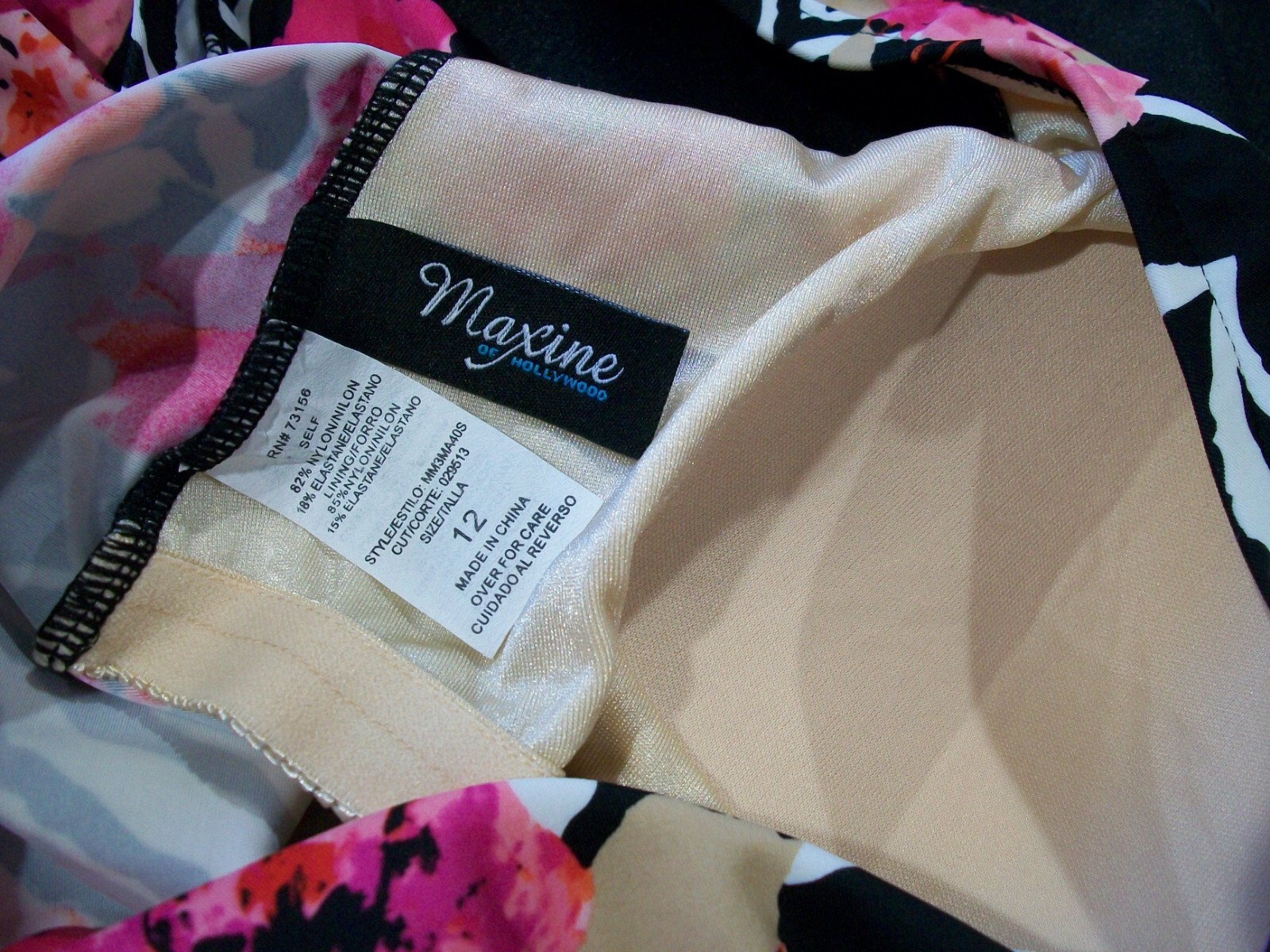 Vtg Maxine of Hollywood Pink Flower Skirted One Piece Nylon Swimsuit 12 M
