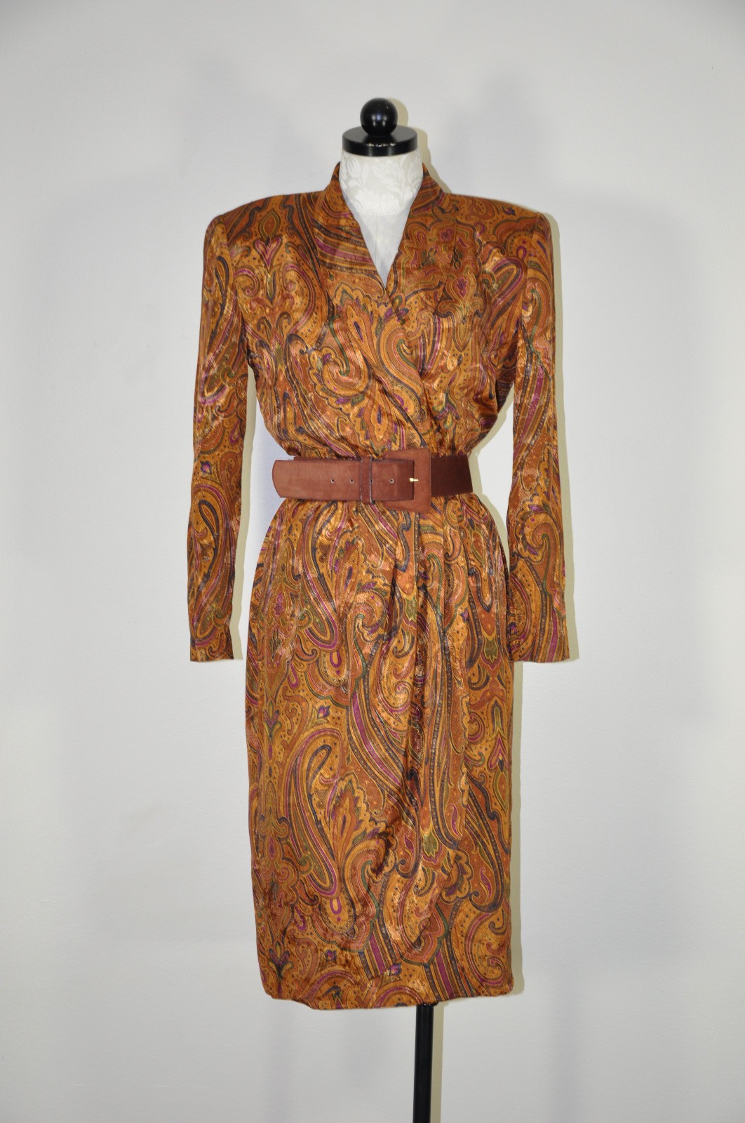 80s Vintage Spice Brown Silky Charmeuse Paisley Strong Shoulder Dress Women S M