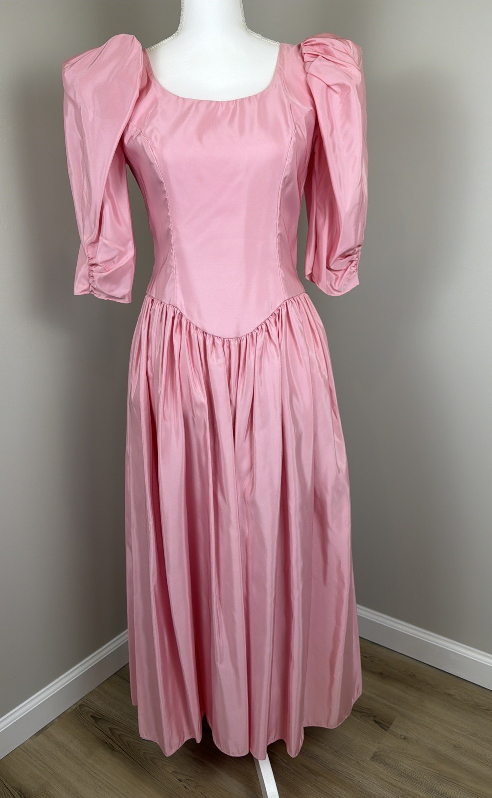Vintage 80s Pink Party Dress Puff Sleeve Bow Back ILGWU USA Size 9/10