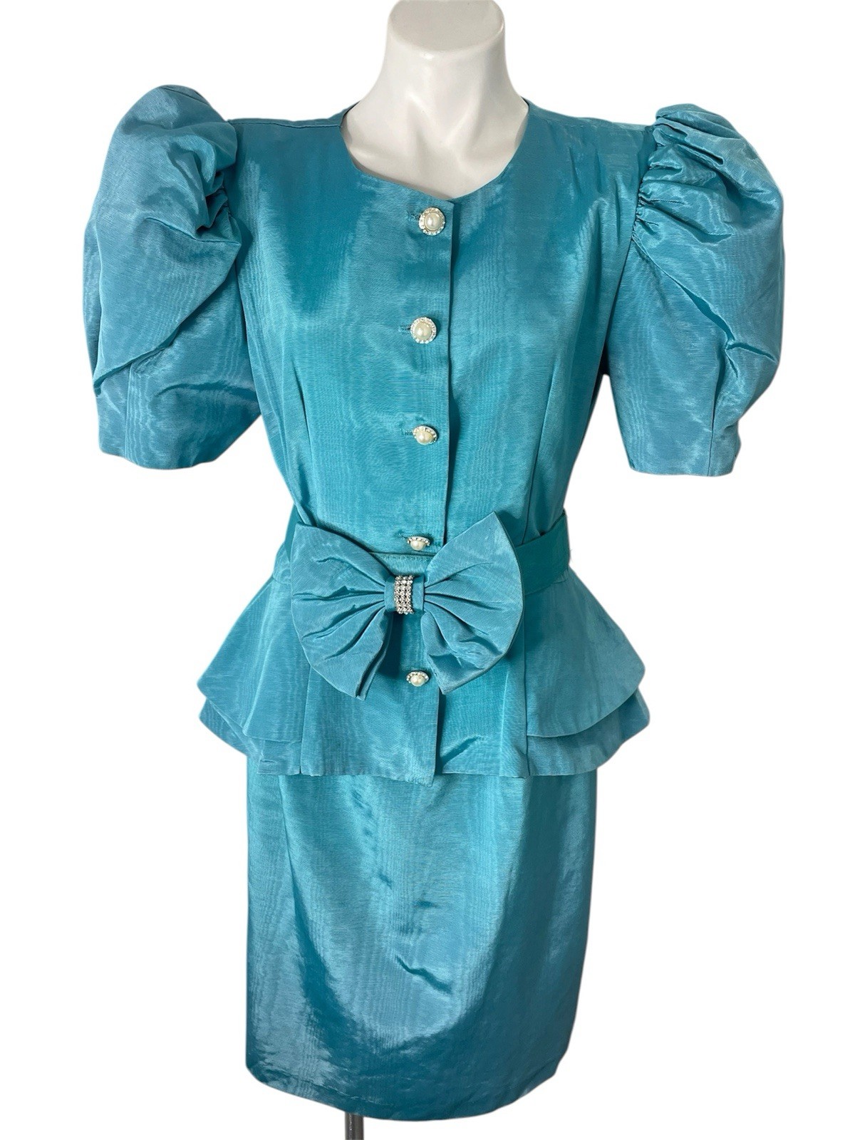Vtg Evenings by Pantagis 80s Dress Blue Moire Rhinestone Bow Peplum Top Skirt
