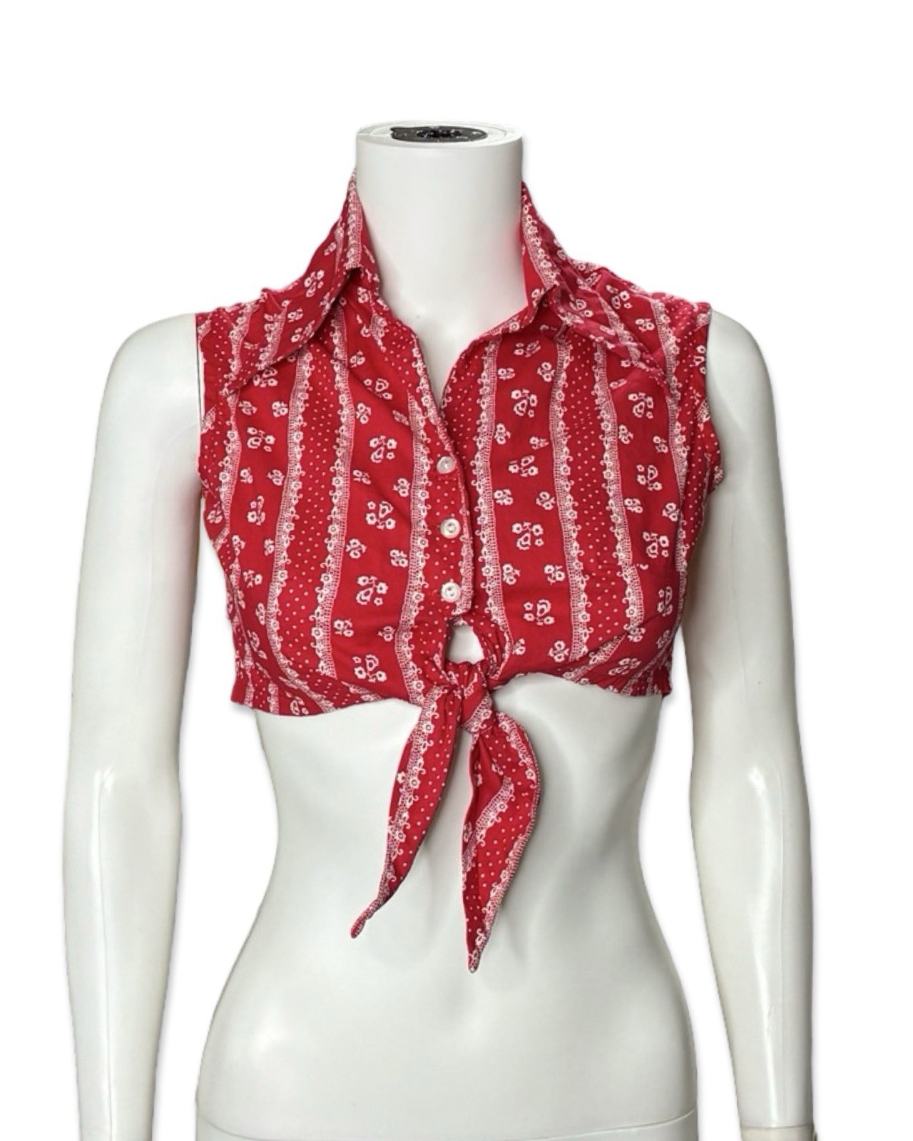 Vintage 70s Women’s Red Floral Tie Waist Dagger Collar Crop Top Western Cowgirl