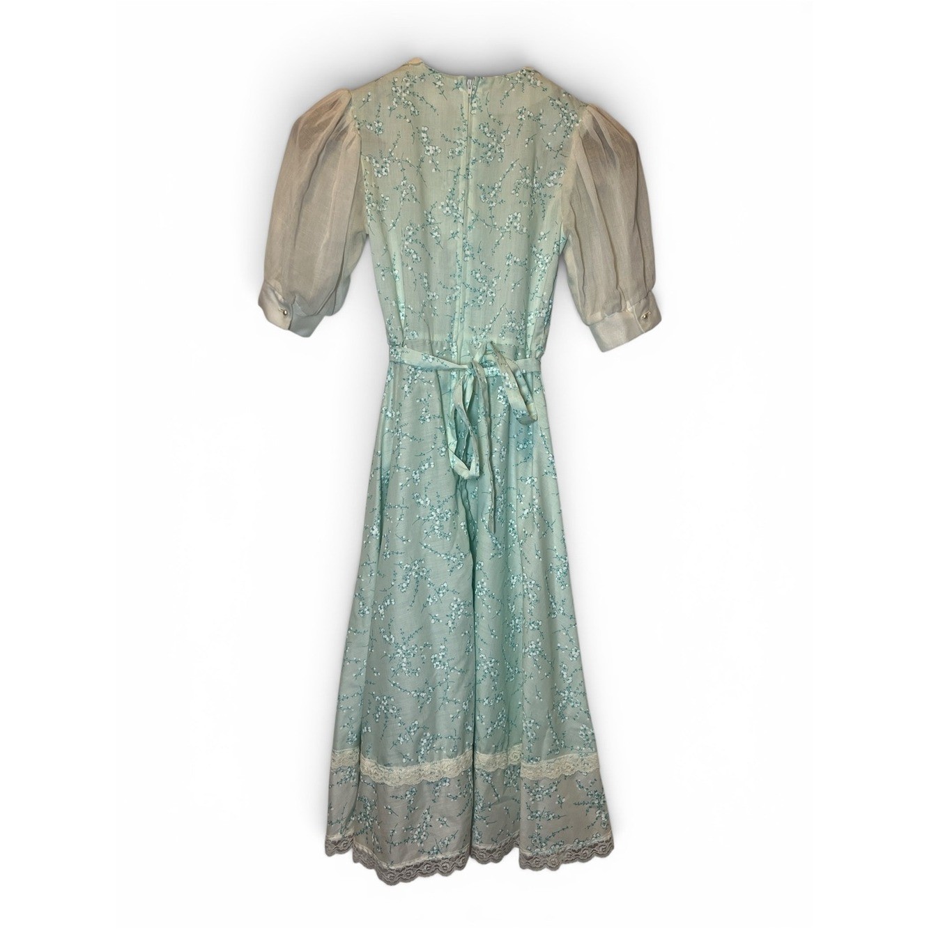 Vintage Prairie Blue Floral Lace Trim Tie-Back Midi Dress Cottage Feminine Sz 3