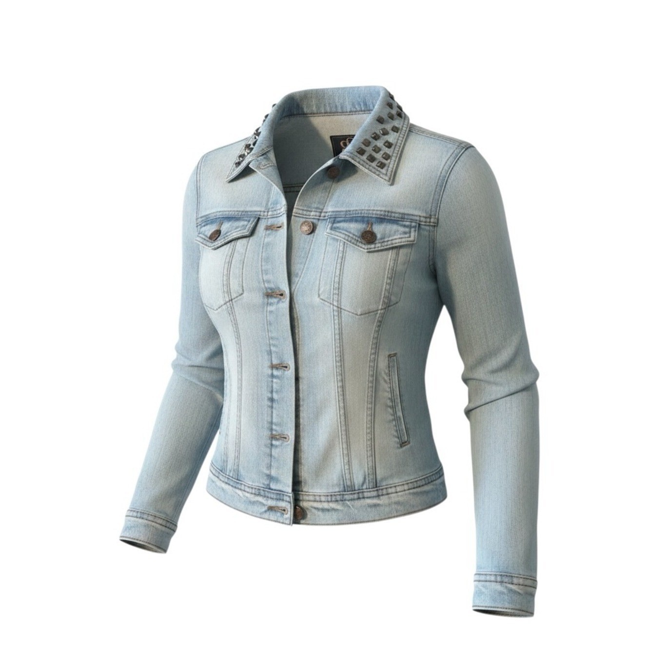 ♾️Y2K Studded Light Wash Oversized Denim Biker Jacket XS Fall Layering♾️