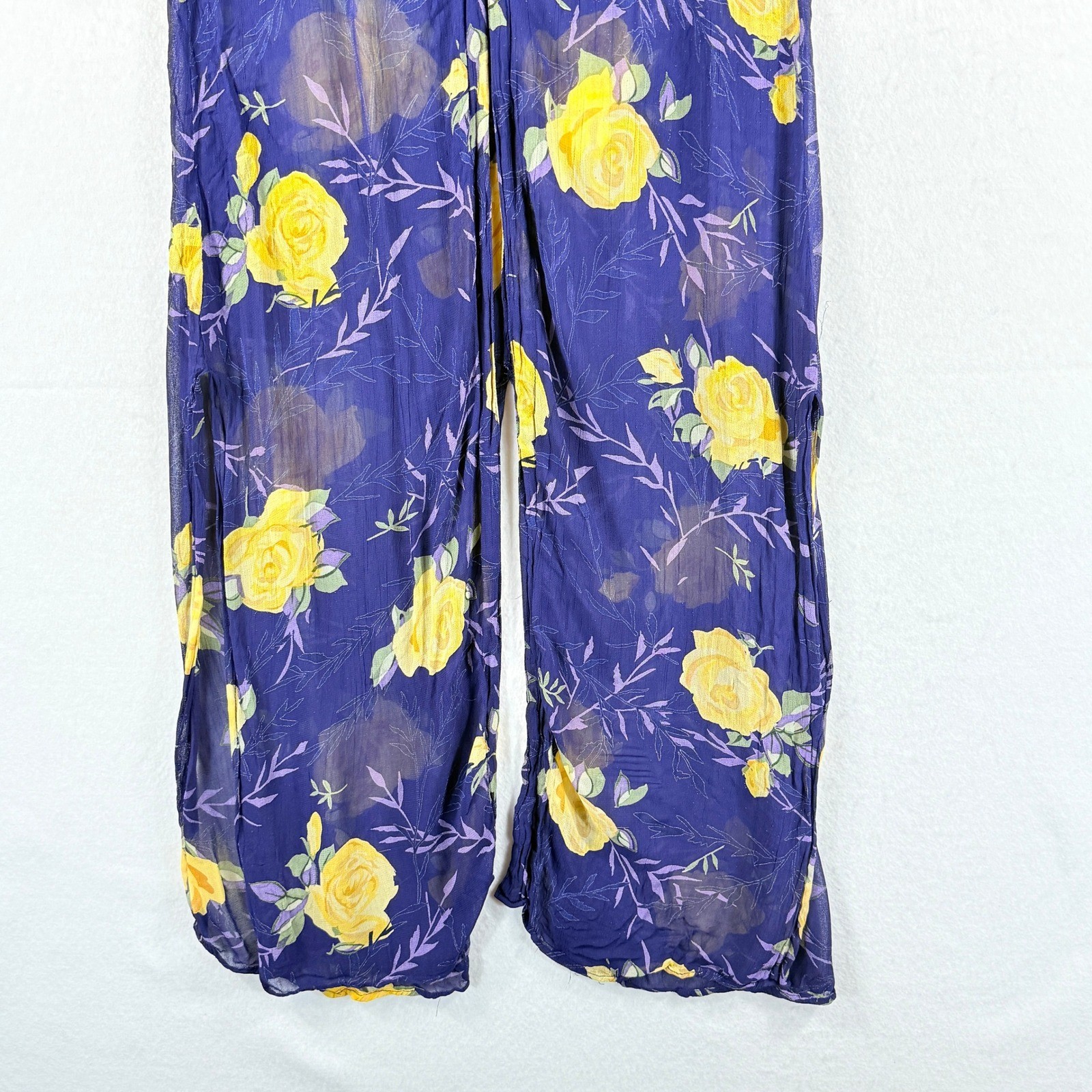 Lolette Maxi Dress Womens Large Purple Yellow Rose Floral Sheer Vtg Cottagecore