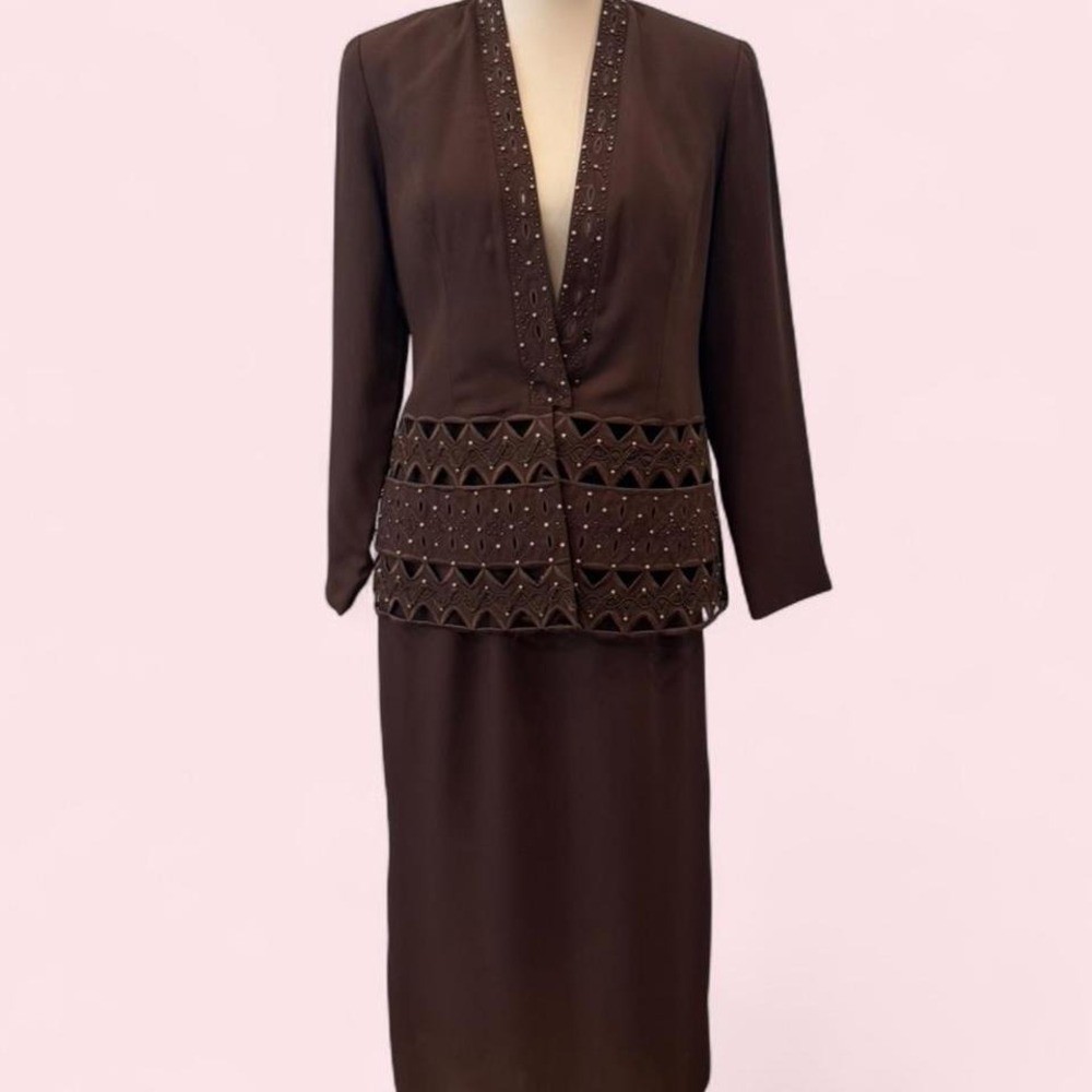 Vintage Tally Taylor Brown Two Piece Skirt Set Beaded Cutout Peplum Jacket 8