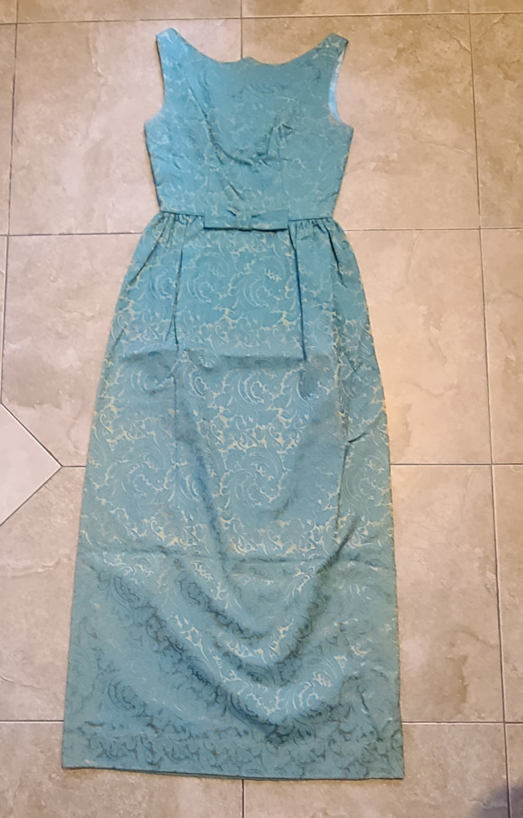 VTG 1960s Turquoise Blue & Gold Brocade Maxi Dress Women’s XS Bow Detail