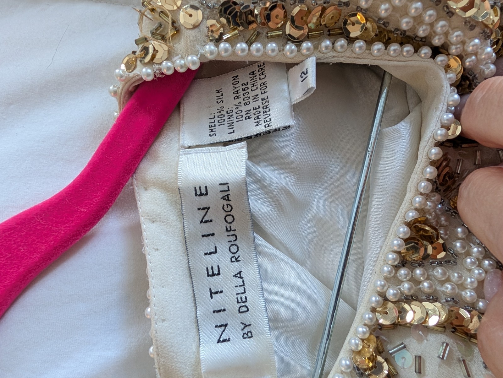 Vintage Niteline Della Roufogali Silk Beaded Sequin Dress Gold Pearl Size 12