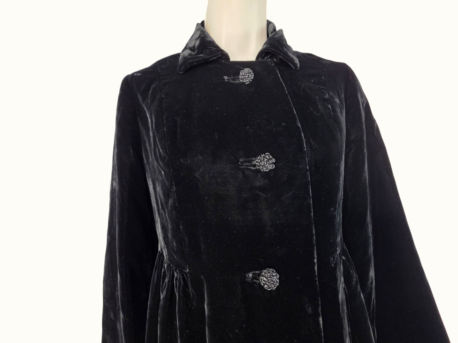 Vintage Marsis California Black Velvet Maxi Opera Coat XS/S Glass Btn Gothic 70s