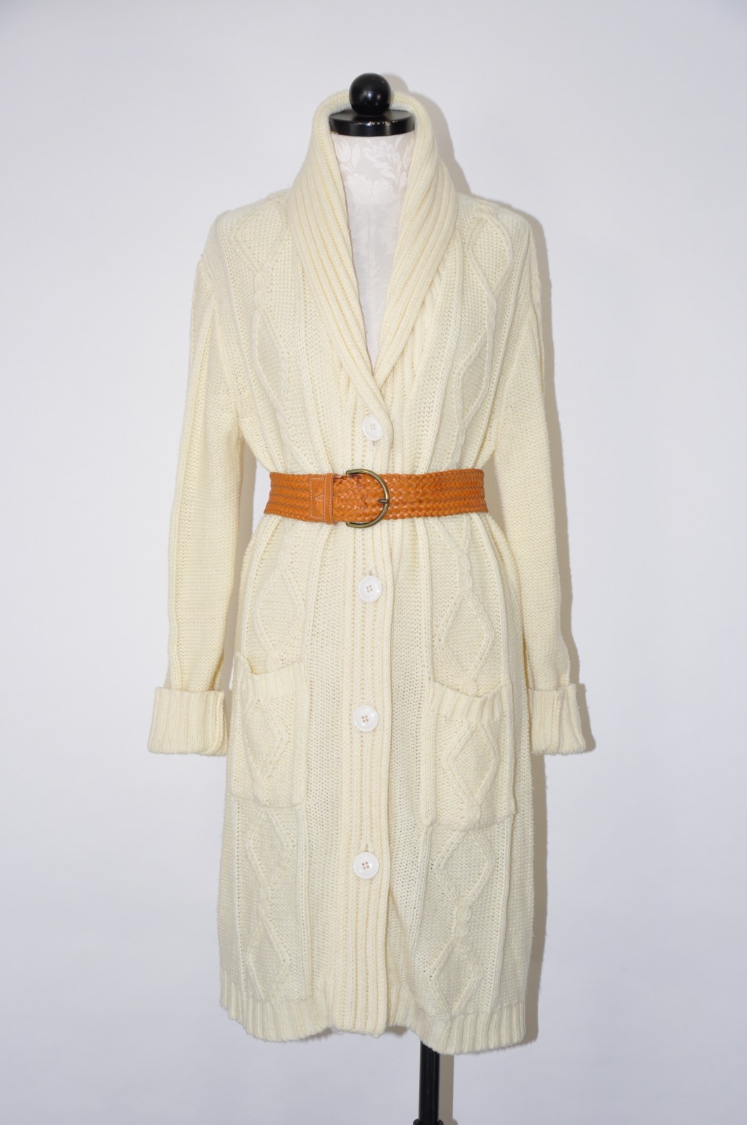 70s Cream Fisherman Cable Knit Shawl Duster Long Cardigan Sweater Coat Women M L